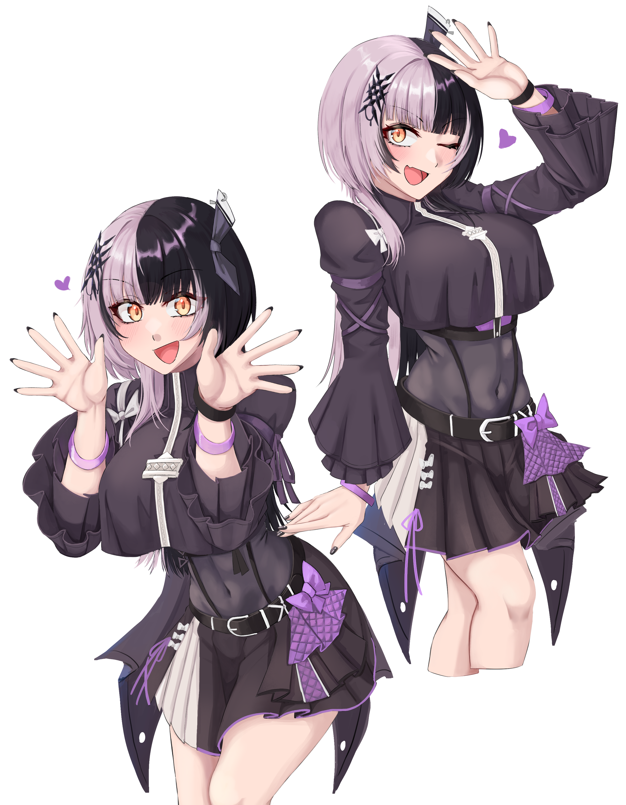 mmneko, shiori novella, hololive, hololive english, absurdres, highres, 1girl, black hair, black leotard, black nails, black shirt, black skirt, breasts, covered navel, crop top, grey hair, heart, large breasts, leotard, leotard under clothes, long hair, looking at viewer, multicolored hair, multicolored skirt, multiple views, open mouth, shirt, skirt, split-color hair, transparent background, two-tone hair, virtual youtuber, white skirt, yellow eyes