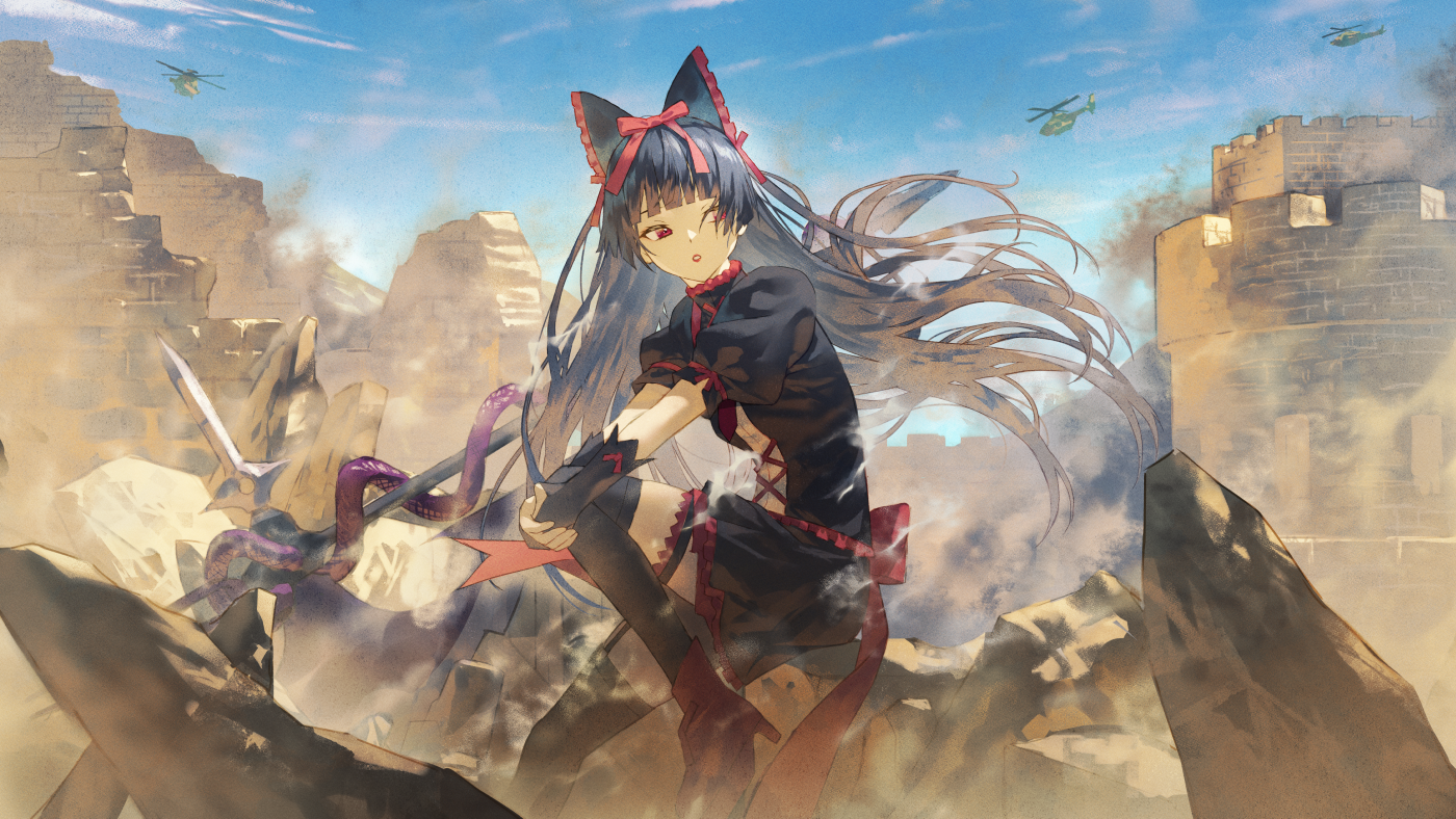 fagi (kakikaki), rory mercury, gate – jieitai ka no chi nite kaku tatakaeri, 1girl, aircraft, attack helicopter, black bow, black dress, black garter straps, black hair, black thighhighs, blunt bangs, boots, bow, castle, dress, garter straps, gothic lolita, hair bow, hair ribbon, helicopter, high heel boots, high heels, lolita fashion, long hair, looking to the side, military vehicle, open mouth, red boots, red eyes, red ribbon, ribbon, ruins, short hair, sidelocks, sitting, solo, thighhighs, wrist cuffs