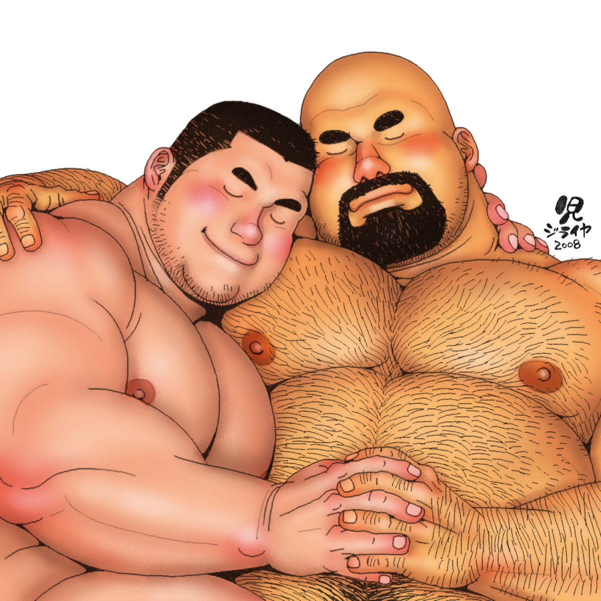 jiraiya (mangaka), original, highres, 2boys, afterglow, back hair, bald, bara, beard stubble, closed eyes, couple, cuddling, facial hair, fat, fat man, from above, hairy, hand hair, knuckle hair, large pectorals, long sideburns, male focus, mature male, multiple boys, muscular, muscular male, navel hair, nipples, nude, pectoral pillow, pectorals, short hair, sideburns, sideburns stubble, stomach, stubble, thick arm hair, thick chest hair, thick eyebrows, thick navel hair, upper body, yaoi