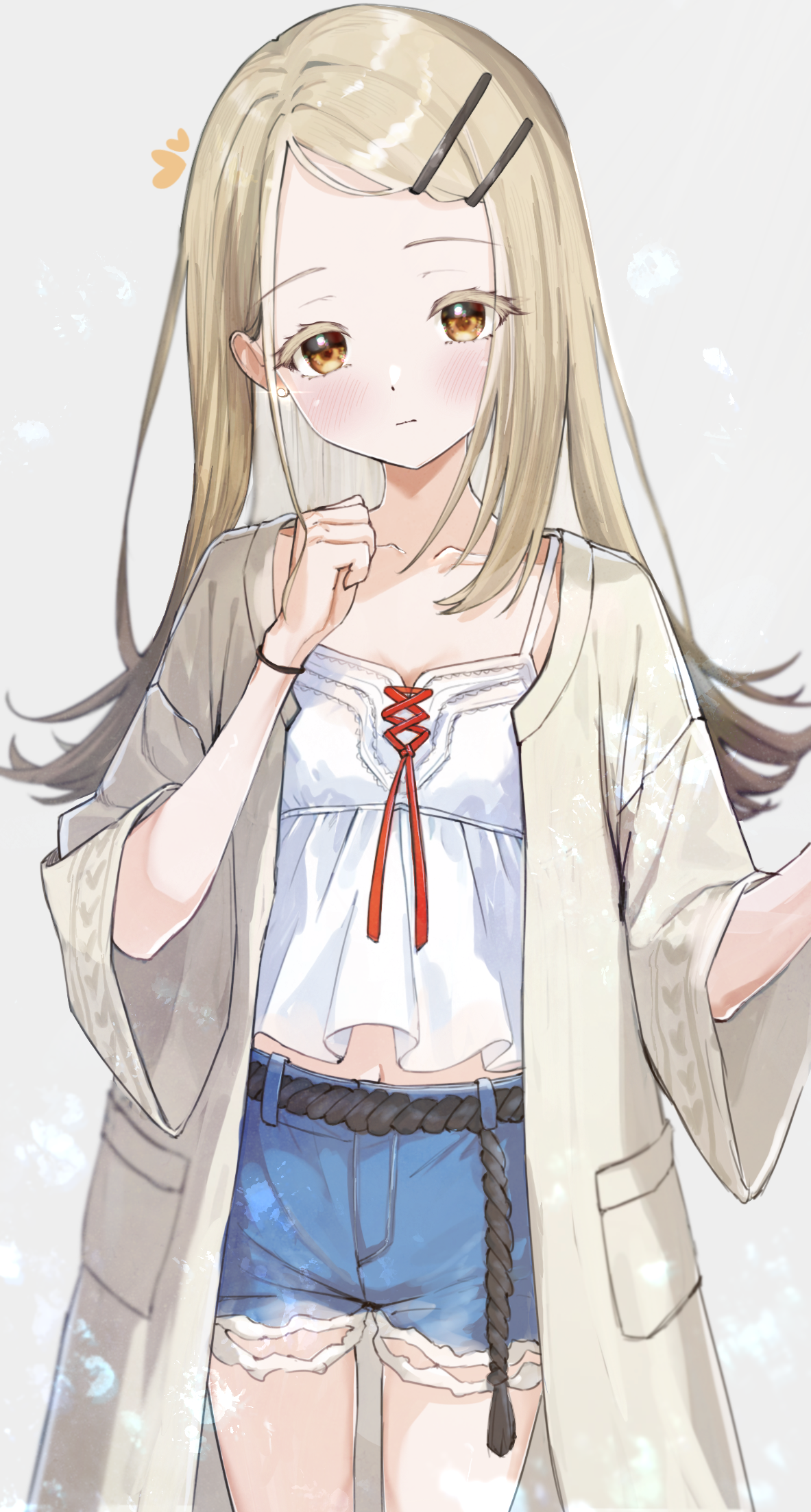 phos phos, shinosawa hiro, gakuen idolmaster, idolmaster, commentary, highres, 1girl, blonde hair, blush, camisole, collarbone, colored eyelashes, cowboy shot, denim, denim shorts, earrings, flipped hair, gradient hair, grey hair, heart, jewelry, long hair, looking at viewer, midriff, multicolored hair, navel peek, orange eyes, robe, rope belt, short shorts, shorts, solo, stud earrings, swept bangs, white camisole, white robe