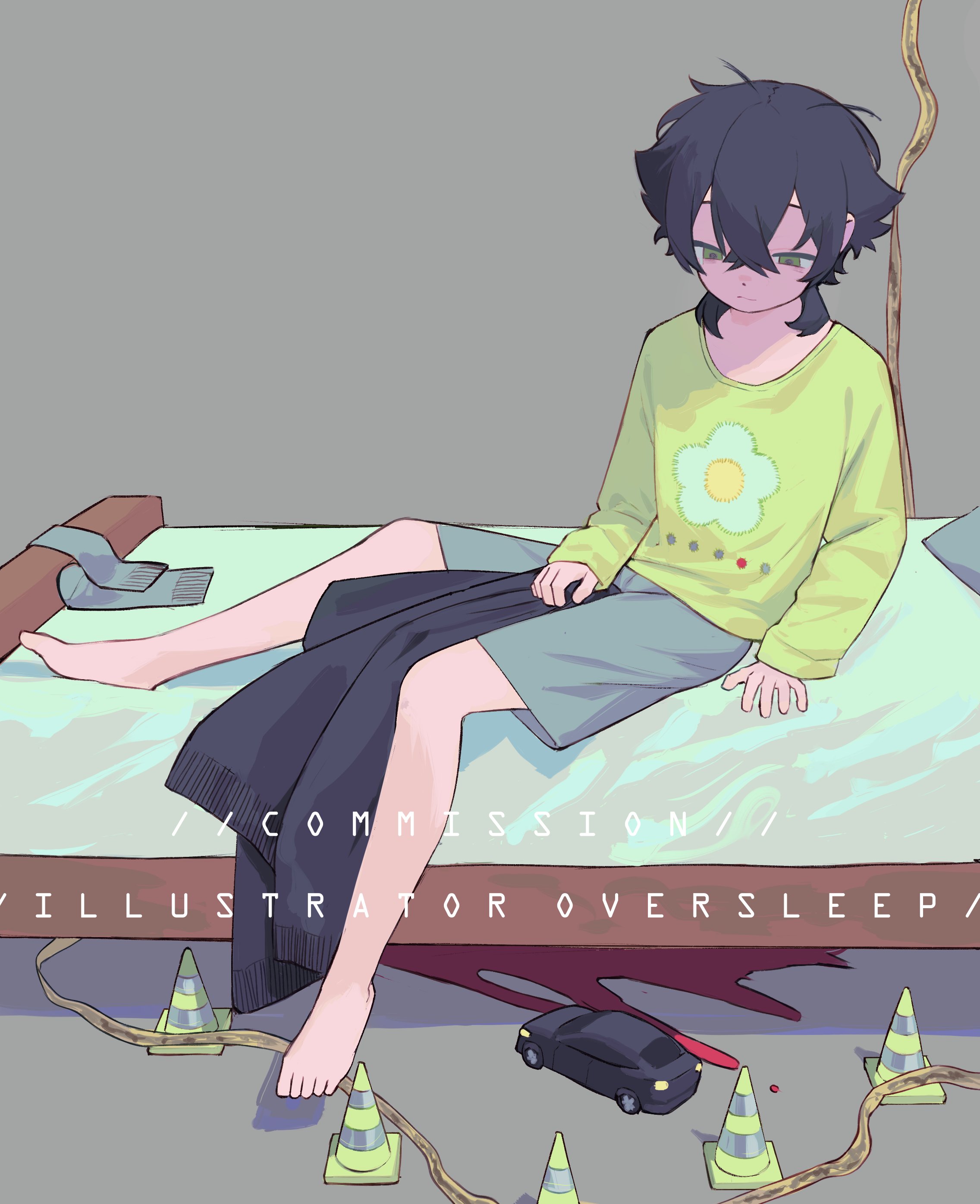 oversleep, original, absurdres, highres, 1boy, bed, black hair, black shorts, blood, english text, floral print, full body, green shirt, hair between eyes, long sleeves, looking down, male focus, on bed, shirt, short hair, shorts, simple background, sitting, sleeves past wrists, socks, toy, toy car, traffic cone