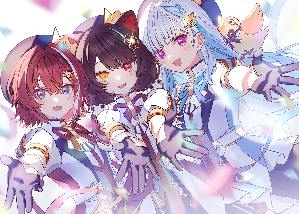 nurumi p, ange katrina, inui toko, lize helesta, sebastian piyodore, nijisanji, commentary request, textless version, 3girls, :d, animal ears, anniversary, beret, bird, black gloves, blue eyes, blue hair, blue hat, blue ribbon, blue skirt, blurry, blush, brown hair, colored inner hair, colored lapels, confetti, cowboy shot, crossed bangs, crown hat ornament, depth of field, dog ears, dog girl, dutch angle, fangs, glint, gloves, group picture, hair behind ear, hair between eyes, hair intakes, hair ornament, hat, heterochromia, idol clothes, jacket, looking at viewer, multicolored hair, multiple girls, neck ribbon, official alternate costume, open clothes, open jacket, open mouth, outstretched arms, pleated skirt, puffy short sleeves, puffy sleeves, purple eyes, purple ribbon, reaching, reaching towards viewer, red eyes, red hair, red ribbon, ribbon, sanbaka (nijisanji), sanbaka anniversary outfit, shirt, short hair, short sleeves, side-by-side, skirt, smile, streaked hair, two-tone hair, virtual youtuber, white hair, white jacket, white shirt, wrist ribbon, yellow bird, yellow eyes