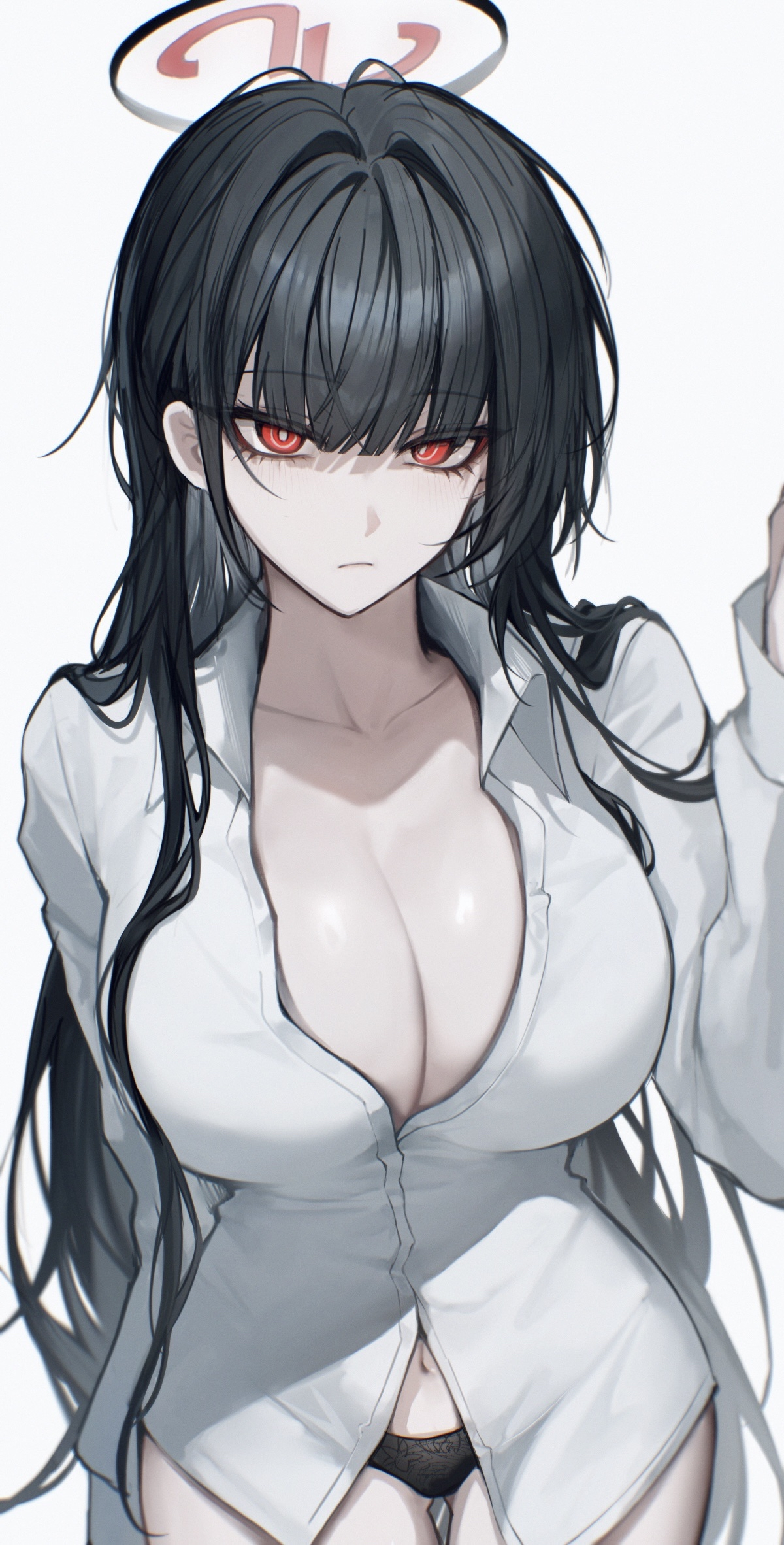 ninshi, rio (blue archive), blue archive, commentary, highres, 1girl, black hair, black panties, breasts, cleavage, halo, large breasts, long hair, looking at viewer, navel, panties, red eyes, ringed eyes, simple background, solo, underwear, white background