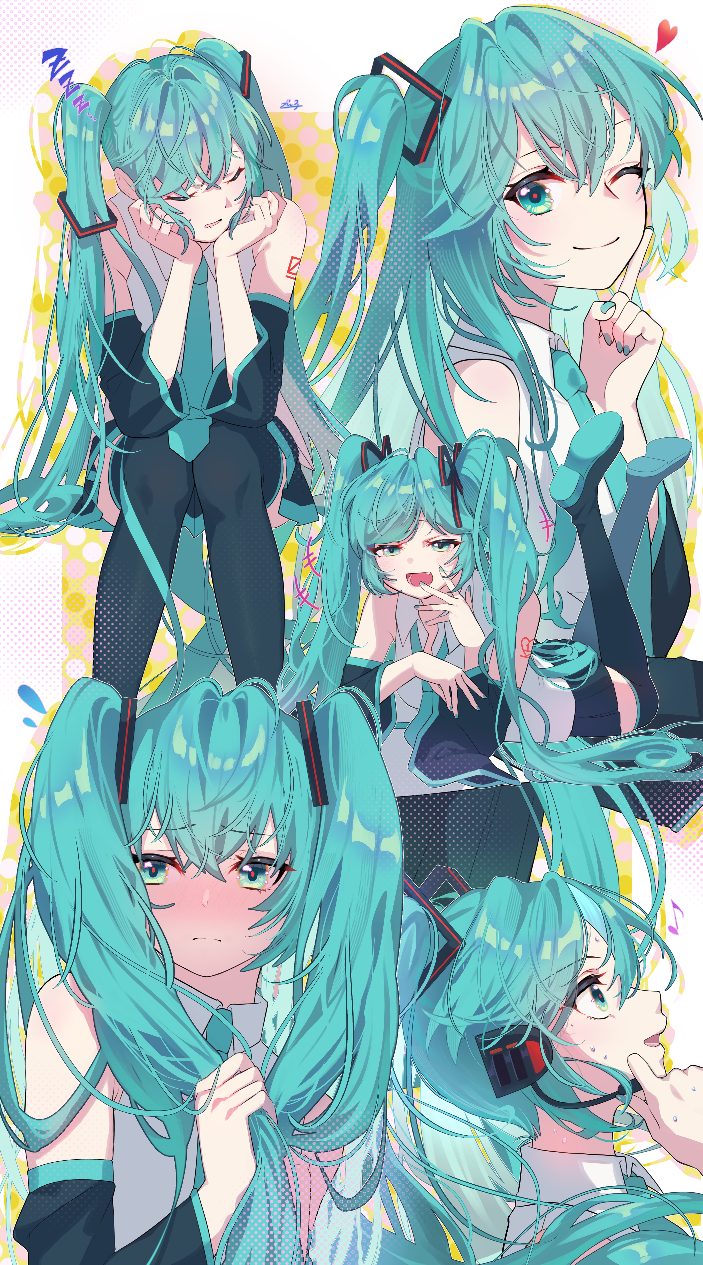 denko (ziutyou3maruhho), hatsune miku, vocaloid, absurdres, highres, blush, bow, bowtie, green bow, green bowtie, green eyes, green hair, heart, one eye closed, open mouth, smile, twintails