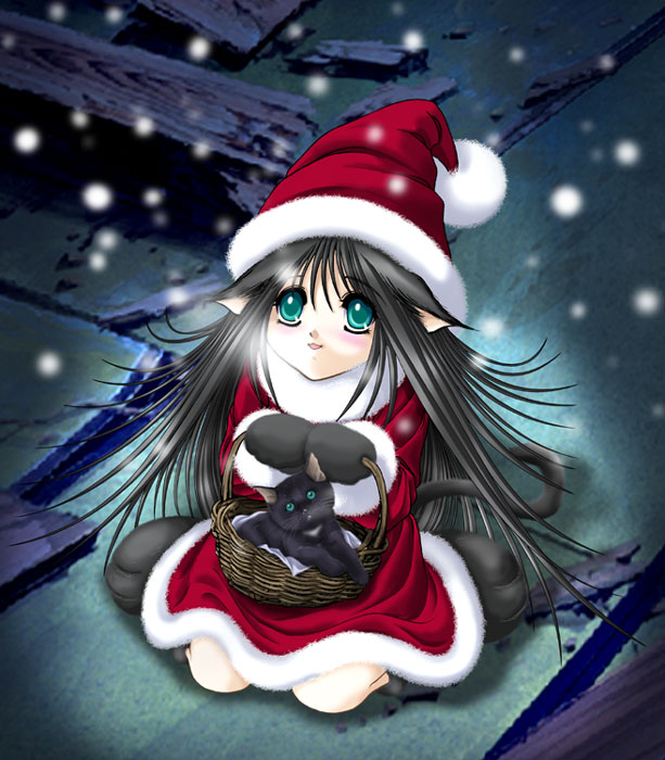 tagme, animal ears, basket, blush, cat, christmas, kneeling, santa costume, snow, tail