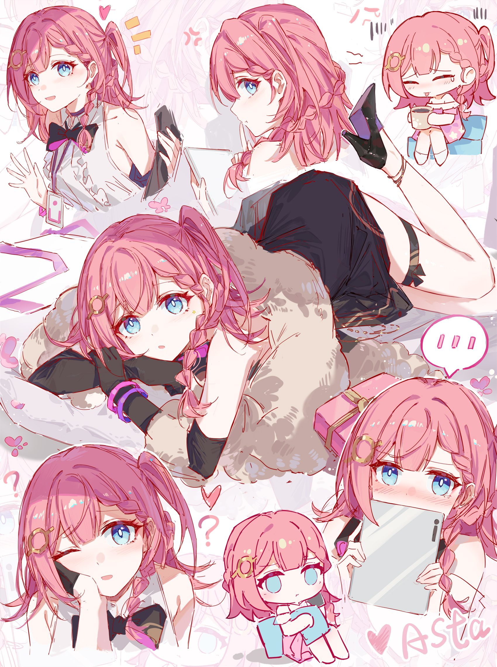 yajuu, asta (honkai: star rail), stelle (honkai: star rail), trailblazer (honkai: star rail), honkai: star rail, honkai (series), highres, 2girls, ?, alternate costume, anger vein, bare shoulders, black bow, black dress, black gloves, black shoes, blue eyes, bow, bracelet, braid, center frills, character name, chibi, dress, elbow gloves, feather boa, frills, gloves, half gloves, hand on another's face, heart, high heels, jewelry, long hair, looking at viewer, lying, medium hair, multiple girls, multiple views, on stomach, one eye closed, one side up, parted lips, pink hair, shirt, shoes, sleeveless, sleeveless shirt, spoken blush, thigh strap, white shirt