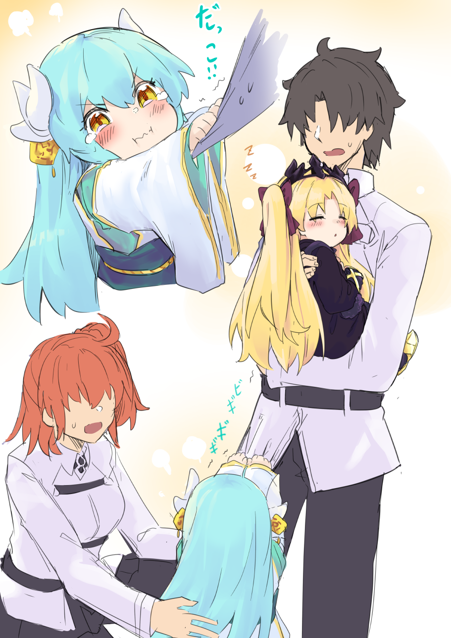 zooanime, ereshkigal (fate), fujimaru ritsuka (male), kiyohime (fate), fate/grand order, fate (series), highres, blonde hair, green hair, kiyohime (onmyoji), open mouth, red hair, shirt, sleeping, sweat, twintails, white hair, white shirt, yellow eyes