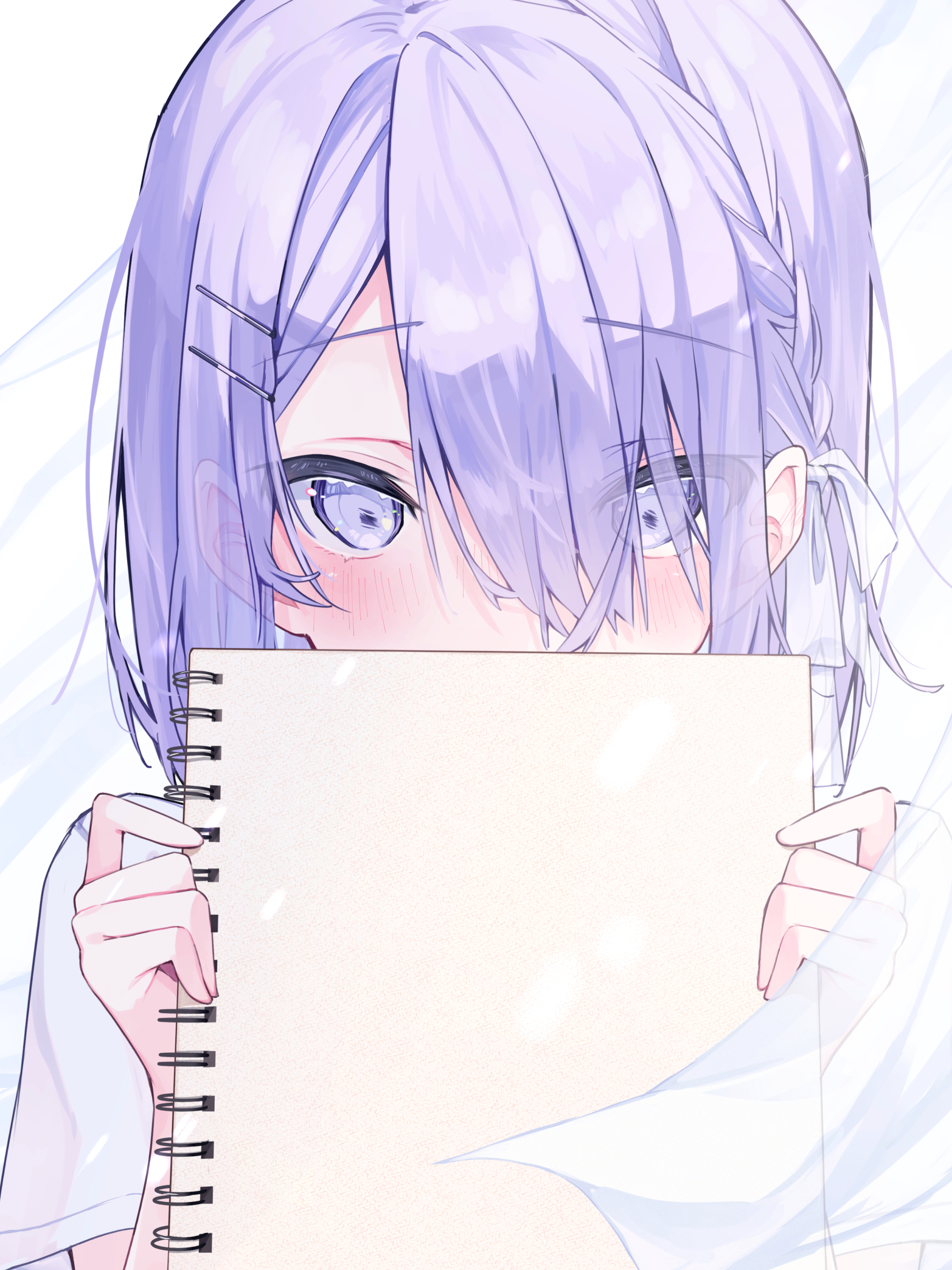 koyubita, original, highres, 1girl, blush, book, curtains, embarrassed, holding, holding book, purple eyes, purple hair, simple background, solo, white background