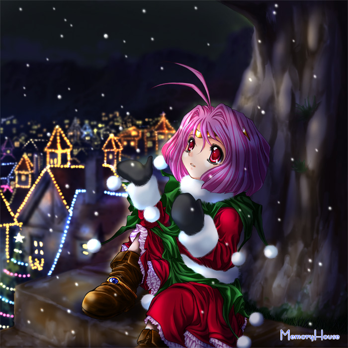 move, original, tagme, 1girl, boots, christmas, female focus, night, pink hair, snow, solo
