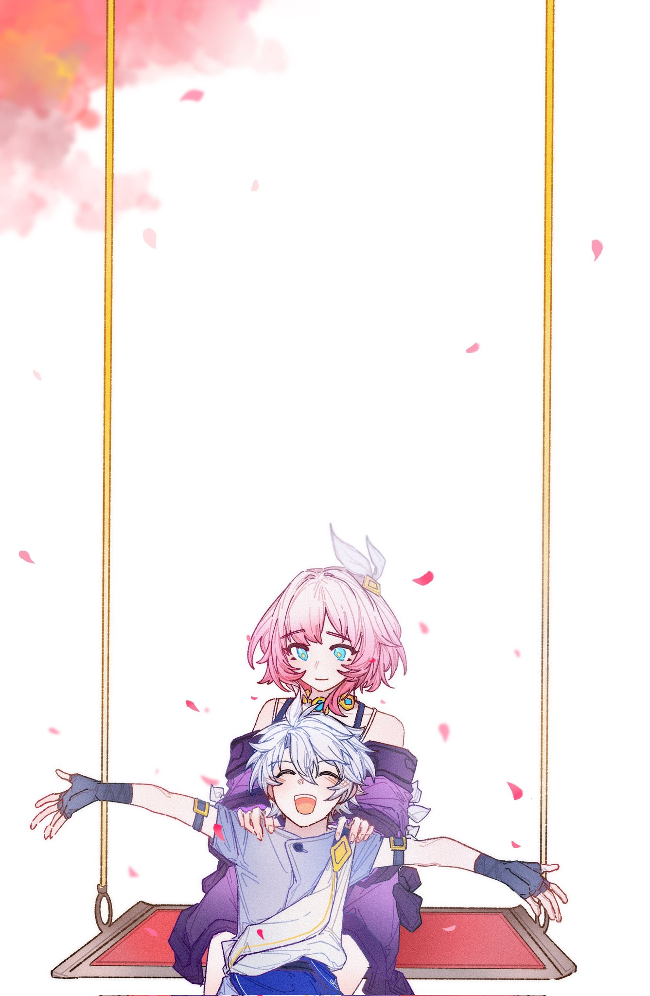 cyrene (honkai: star rail), phainon (a dream scented in wheat) (honkai: star rail), phainon (honkai: star rail), honkai: star rail, honkai (series), hashtag-only commentary, highres, 1boy, 1girl, ahoge, black gloves, blue eyes, blue shirt, coat, falling petals, fingerless gloves, gloves, hair ornament, hand on another's shoulder, official alternate costume, on swing, petals, pink hair, purple coat, shirt, smile, suan jiao, swing, white hair