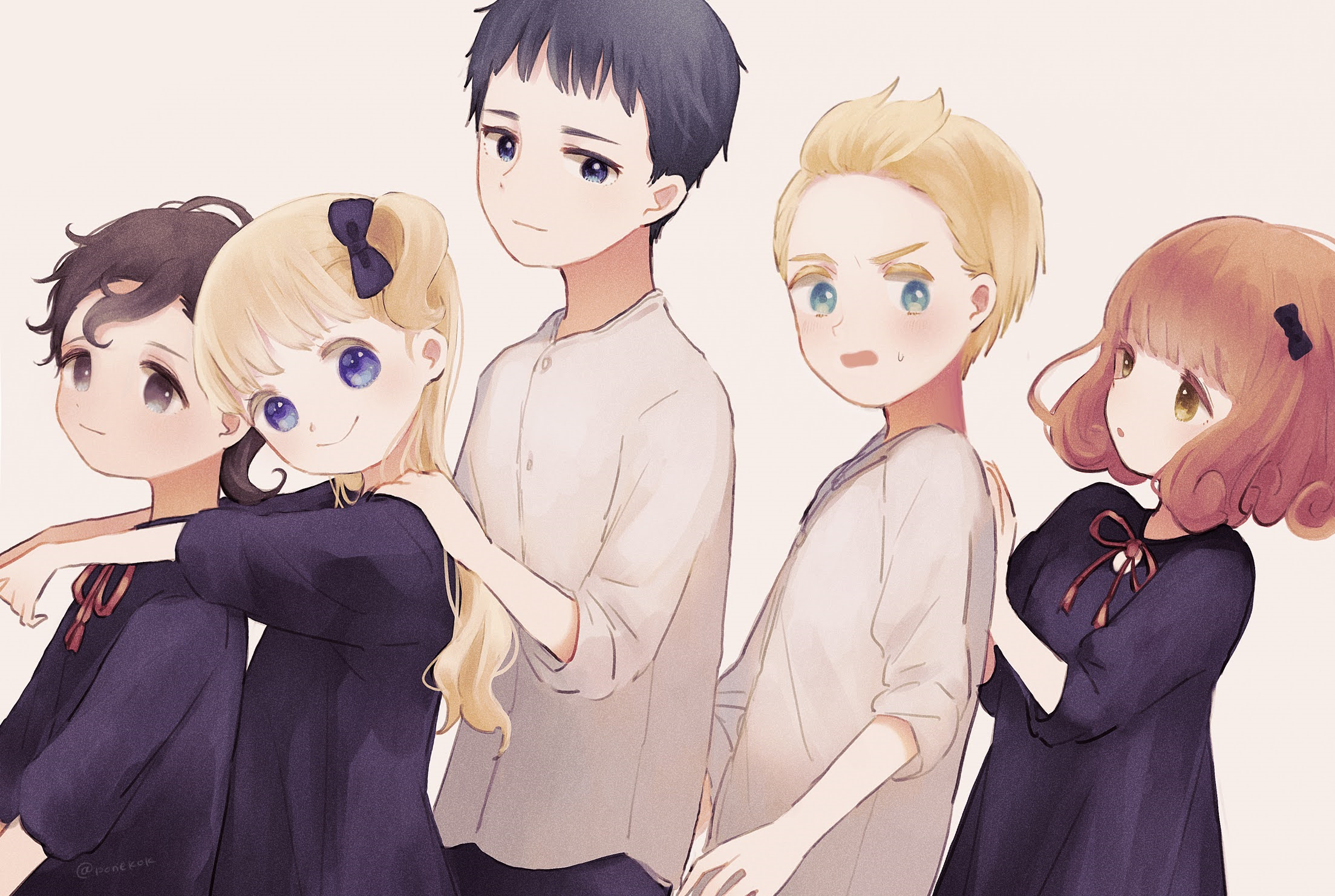 kohori, emilico (shadows house), john (shadows house), lou (shadows house), ram (shadows house), ricky (shadows house), shadows house, commentary request, highres, 2boys, 3girls, black hair, blonde hair, blue eyes, brown background, brown eyes, brown hair, dress, expressionless, looking at viewer, multiple boys, multiple girls, shirt, short sleeves, simple background, smile, sweatdrop, two side up, white shirt