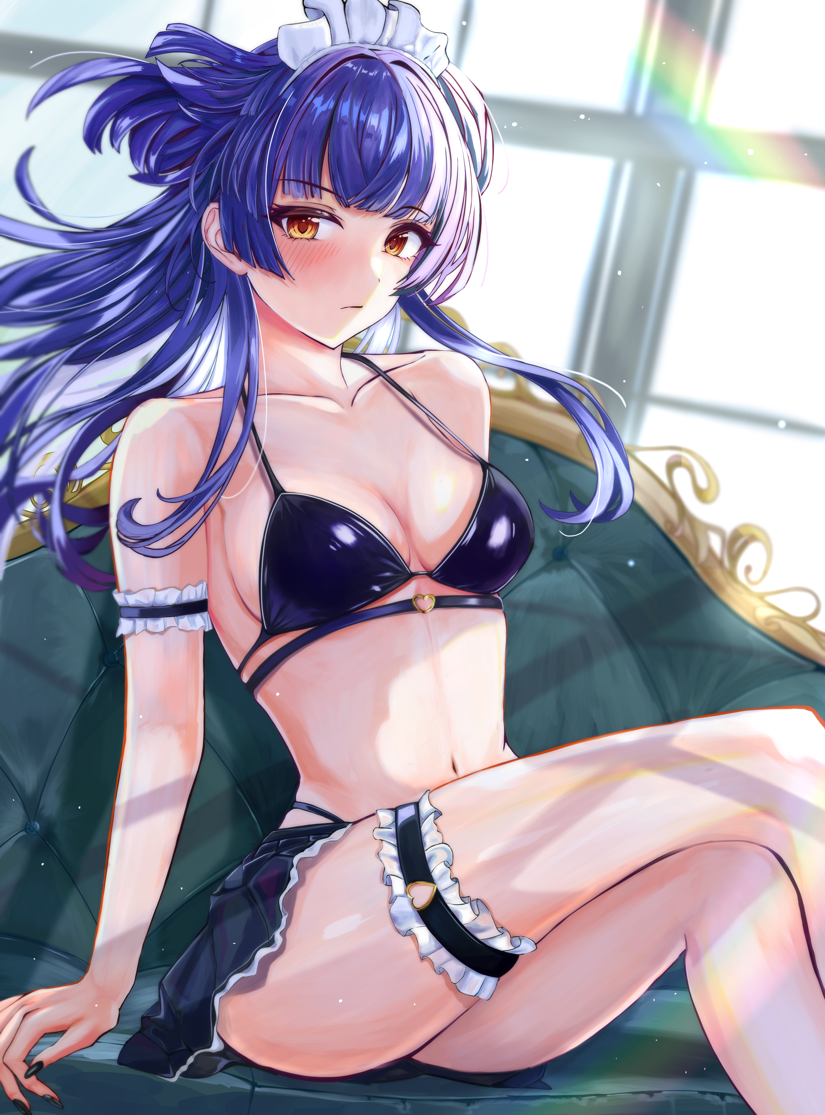 yamanade38, mayuzumi fuyuko, idolmaster, idolmaster shiny colors, absurdres, commentary request, highres, 1girl, bikini, black bikini, blush, breasts, collarbone, crossed legs, feet out of frame, fingernails, floating hair, frilled thigh strap, halterneck, long hair, looking at viewer, maid, maid bikini, medium breasts, nail polish, navel, sitting, solo, swimsuit, thigh strap, unconventional maid
