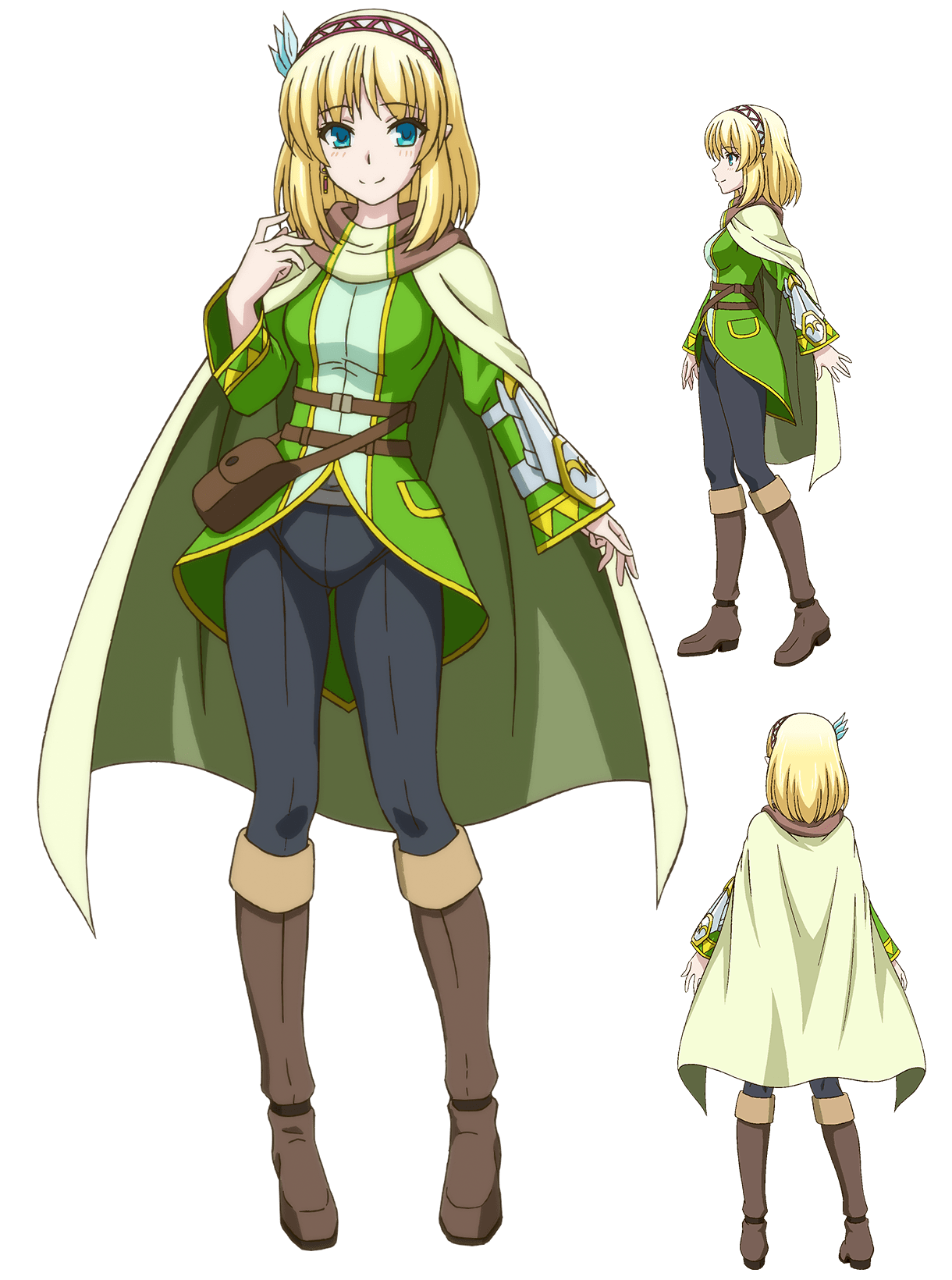 masudate toshihide, cayna (leadale no daichi nite), leadale no daichi nite, highres, official art, 3girls, anime coloring, arm guards, back, belt, belt pouch, blonde hair, boots, breasts, brown belt, brown boots, brown cape, brown hairband, cape, cloak, closed mouth, elf, feather hair ornament, feathers, from behind, from side, full body, green eyes, green jacket, grey pants, hair ornament, hairband, hand up, jacket, knee boots, large breasts, long sleeves, looking at viewer, medium hair, multiple girls, multiple views, pants, pointy ears, pouch, profile, sidelocks, simple background, smile, standing, transparent background, white cloak, wide sleeves