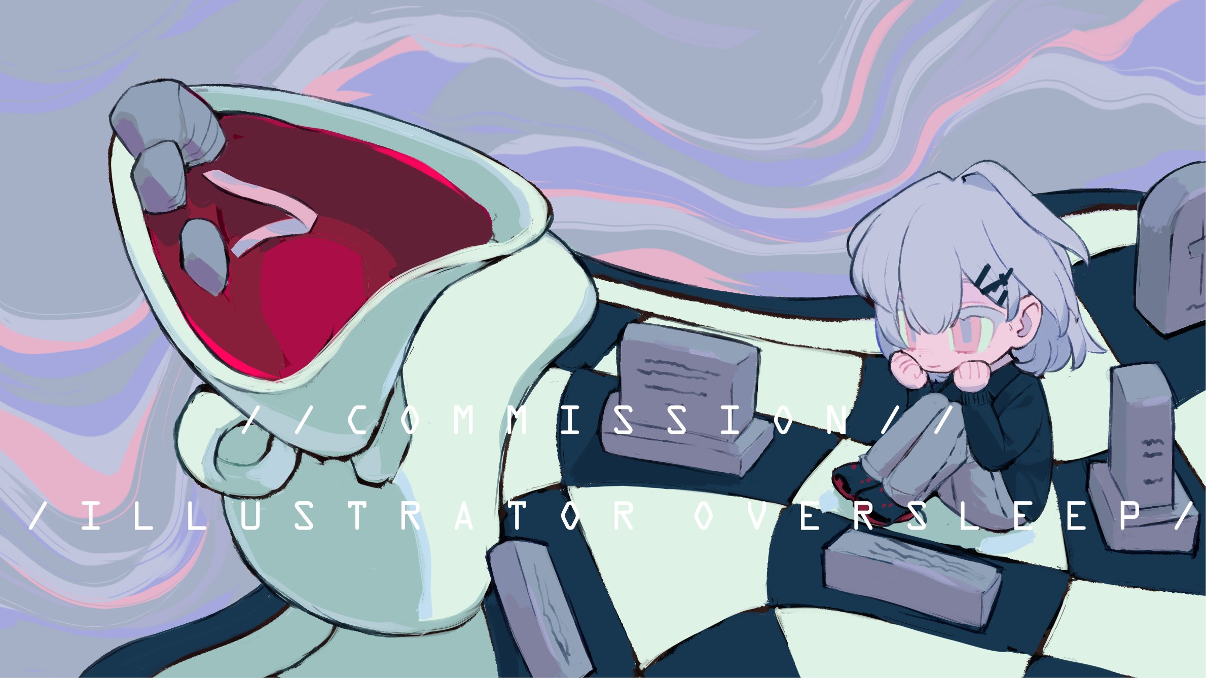 oversleep, original, highres, 1girl, black sweater, checkered floor, chibi, cup, english text, full body, grave, hair between eyes, hair ornament, hairclip, knees up, long sleeves, mini person, pants, pink eyes, purple hair, shirt, shoes, short hair, sitting, sweater, teacup, tombstone