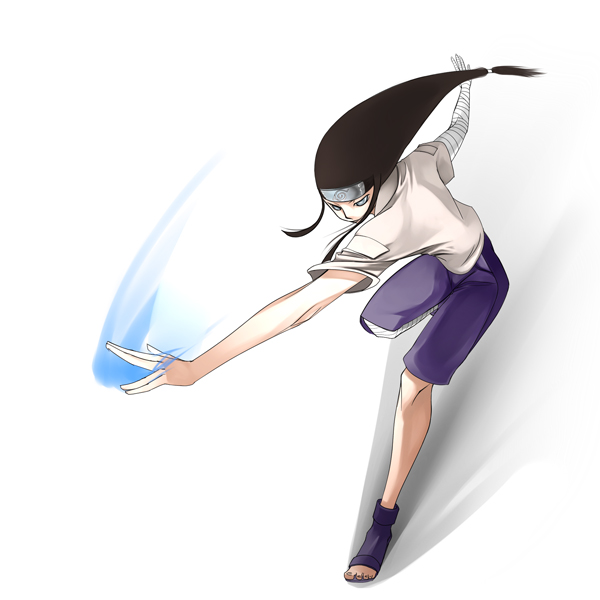 yama, hyuuga neji, naruto (classic), naruto (series), 1boy, forehead protector, full body, long hair, low-tied long hair, male focus, shirt, shoes, shorts, solo, white background
