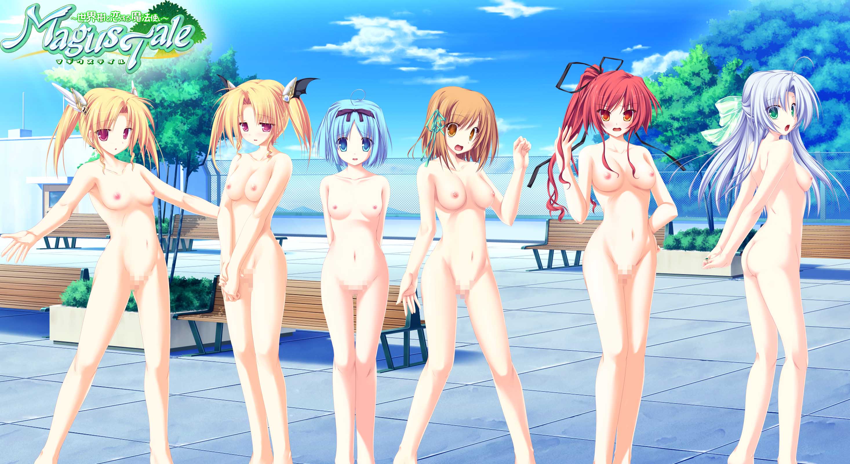 tenmaso, alicia infans, amakase koyuki, kujou yuuka, nina geminis, rena geminis, seera finis victoria, magus tale, silver hair, highres, 6+girls, ass, blonde hair, blue eyes, blue hair, breasts, brown eyes, brown hair, censored, large breasts, lineup, medium breasts, mosaic censoring, multiple girls, nipples, nude, purple eyes, pussy, red eyes, red hair, siblings, sisters, small breasts, twins