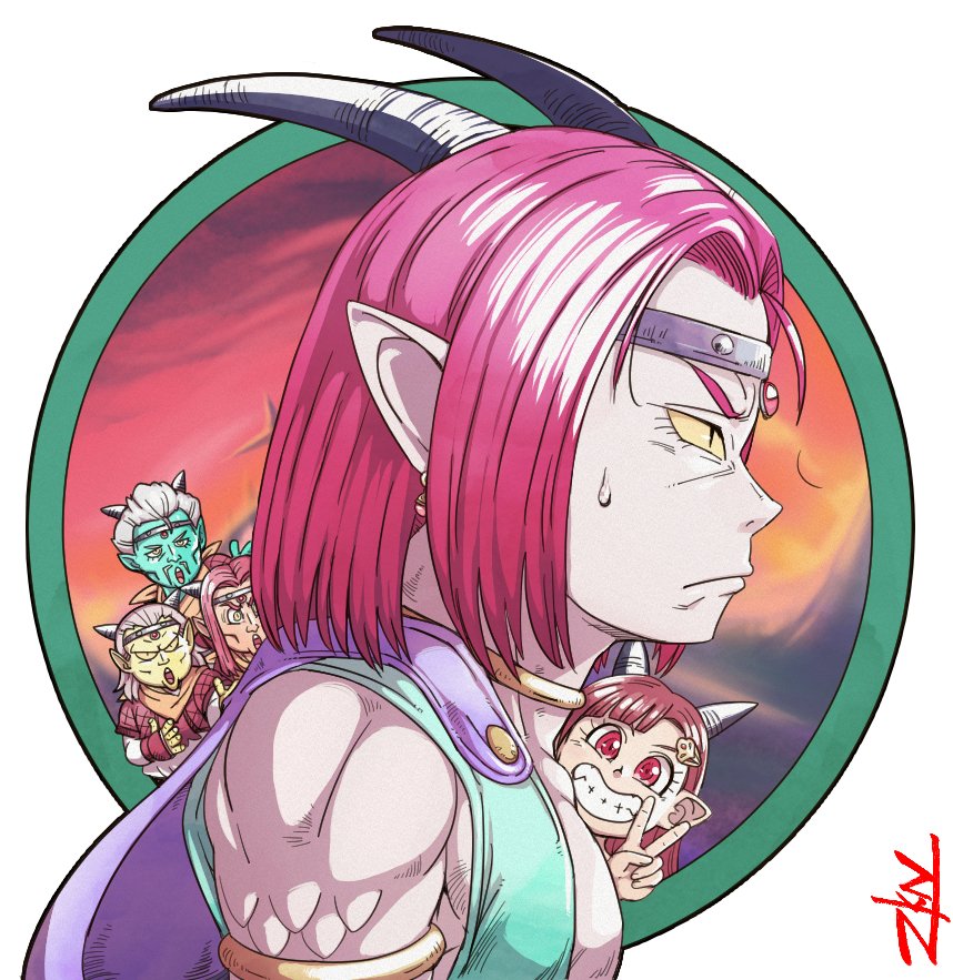zkn, dragon quest, dragon quest x, gold armlet, character request, commentary request, 1girl, 4boys, aqua skin, armlet, black horns, blunt bangs, border, cape, cheekbones, choker, circlet, colored sclera, colored skin, dragon boy, dragon girl, earrings, facial hair, gem, gold choker, green border, grin, hair ornament, hair slicked back, hairclip, horns, jewelry, long hair, looking ahead, looking at viewer, medium hair, monster boy, monster girl, multiple boys, muscular, muscular male, neckerchief, orange neckerchief, orange skin, parted hair, pink hair, pink skin, pointy ears, profile, purple cape, red eyes, red gemstone, red hair, ruby (dq10), scales, short hair, silver circlet, slit pupils, smile, sphere earrings, sweatdrop, tobias (dq10), upper body, v, white facial hair, white hair, yellow eyes, yellow sclera, yellow skin