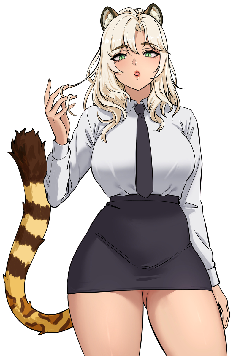 xilonen (genshin impact), genshin impact, animal ears, black skirt, blonde hair, dark-skinned female, dark skin, green eyes, jaguar ears, jaguar tail, lipstick, long hair, makeup, office lady, shirt, skirt, tail, white shirt