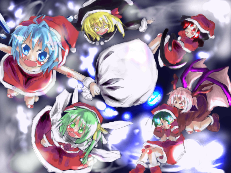 cirno, daiyousei, mystia lorelei, rumia, wriggle nightbug, touhou, 5girls, antennae, antlers, blonde hair, blue eyes, blue hair, blush, christmas, fairy wings, female focus, green eyes, green hair, horns, multiple girls, pink eyes, pink hair, red eyes, red hair, santa costume, team 9 (touhou), wings, yellow eyes