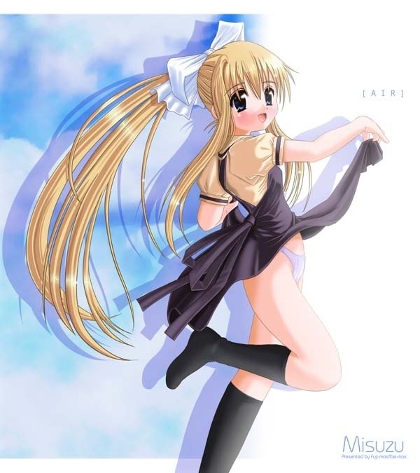 kamio misuzu, air (visual novel), 00s, blonde hair, blue eyes, blush, clothes lift, long hair, panties, pantyshot, school uniform, serafuku, skirt, skirt lift, solo, underwear, very long hair