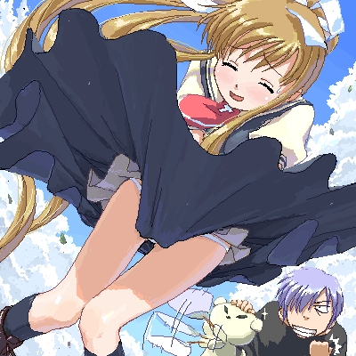 kamio misuzu, kunisaki yukito, potato (air), air (visual novel), lowres, 00s, 1boy, 1girl, blonde hair, blush, long hair, panties, pantyshot, school uniform, serafuku, skirt, smile, underwear, very long hair, wind, wind lift