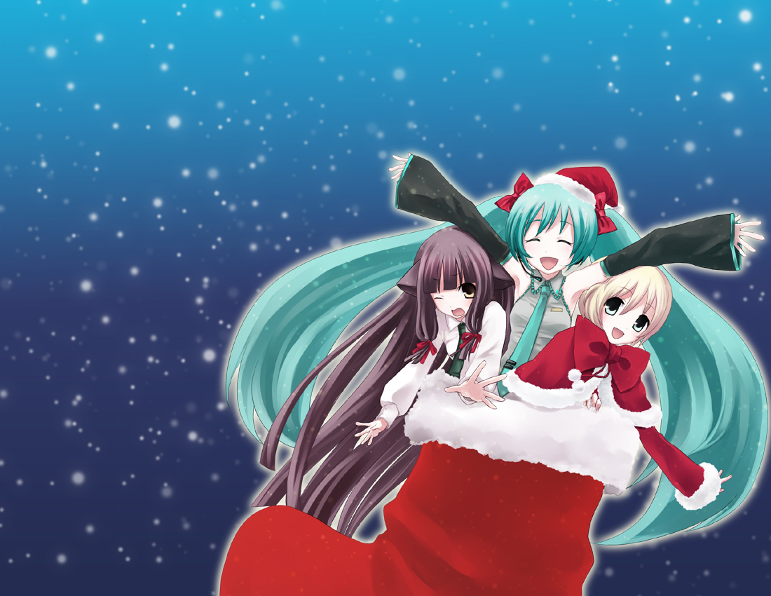 fumii, fummy, hatsune miku, vocaloid, santa boots, 3girls, :d, ^ ^, aqua hair, blonde hair, blue eyes, boots, brown hair, christmas, closed eyes, fur trim, long hair, looking at viewer, multiple girls, open mouth, outstretched arms, oversized object, santa costume, short hair, sky, smile, star (sky), starry sky, very long hair
