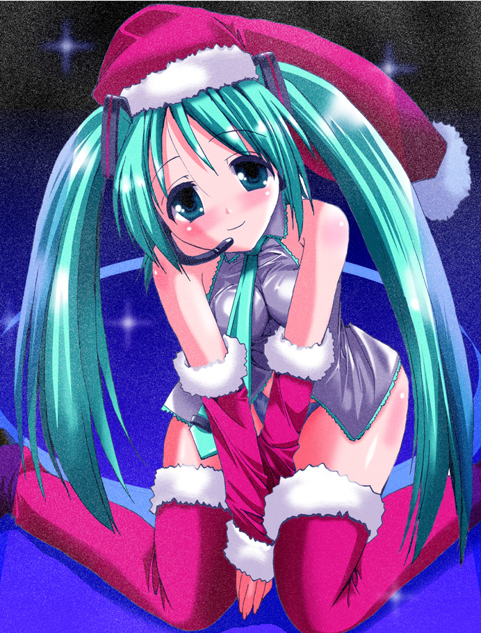 aiume rm, hatsune miku, vocaloid, 1girl, aqua hair, christmas, female focus, santa costume, solo, thighhighs, twintails