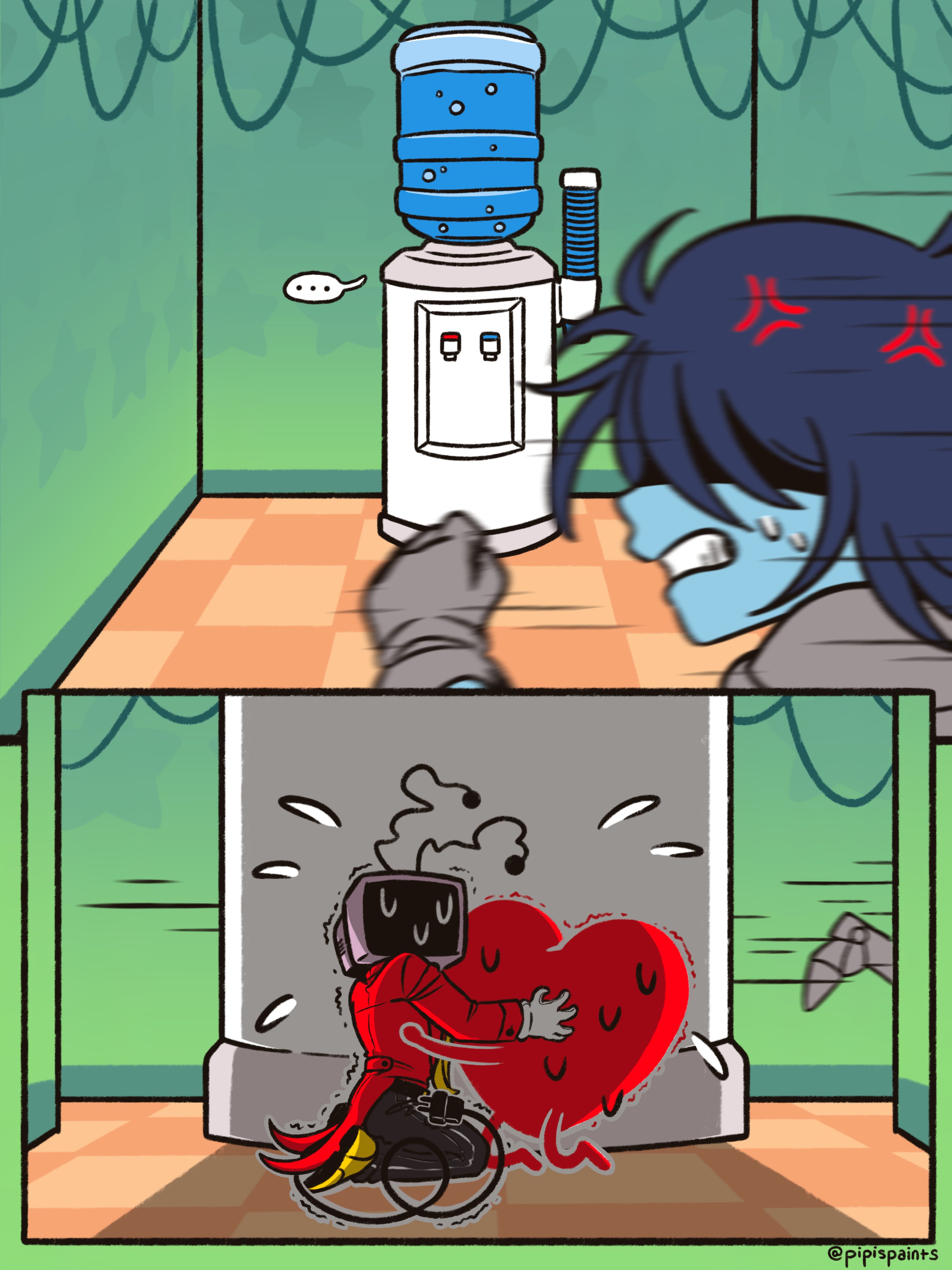 ant tenna, kris (dark world) (deltarune), kris (deltarune), soul (deltarune), deltarune, utdr (toby fox), absurdres, commentary, english commentary, highres, 1boy, 1other, anger vein, belt, belt buckle, black belt, black pants, blue hair, blue skin, buckle, clenched teeth, colored skin, crt, electric plug, electric plug tail, english text, flying sweatdrops, gloves, grey gloves, hug, kneeling, necktie, object head, pants, partially shaded face, pipispaints, radio antenna, shoes, short hair, sweat, tail, tailcoat, teeth, trembling, water cooler, water cooler (deltarune), yellow necktie, yellow shoes