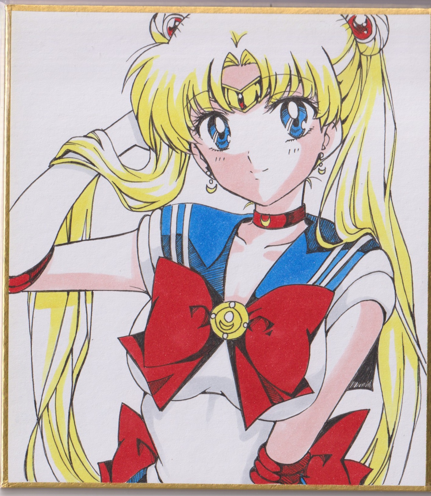 chikoto (kztc4472), sailor moon, tsukino usagi, bishoujo senshi sailor moon, highres, 1girl, blonde hair, blue eyes, blue sailor collar, bow, choker, crescent, crescent choker, crescent earrings, double bun, earrings, gloves, hair bun, hair ornament, heart, jewelry, long hair, red bow, red choker, sailor collar, sailor senshi uniform, simple background, skirt, smile, solo, transformation brooch (sailor moon), twintails, very long hair, white background