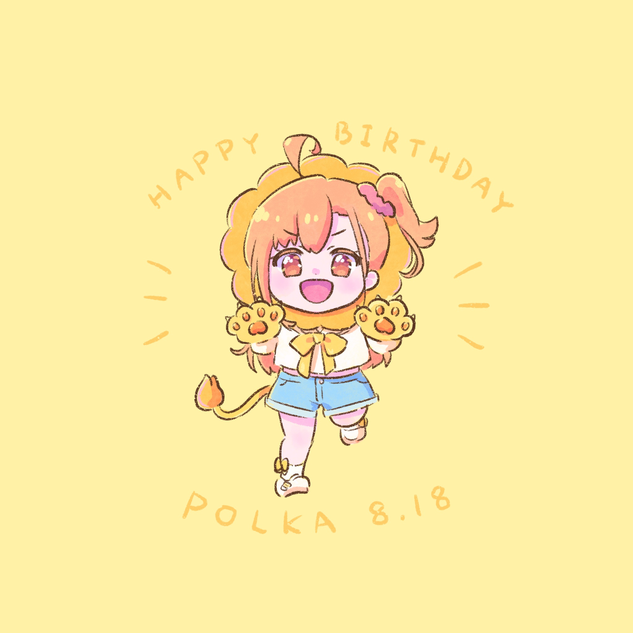 abukero, takahashi polka, ikizulive! love live! bluebird, love live!, commentary request, highres, 1girl, :d, ahoge, animal hands, blue shorts, bow, bow legwear, bowtie, character name, dated, fake tail, gloves, hair ornament, hair scrunchie, happy birthday, loafers, long hair, midriff, one side up, open mouth, orange eyes, orange hair, paw gloves, pink scrunchie, running, scrunchie, shirt, shoes, short shorts, shorts, simple background, smile, socks, solo, tail, v-shaped eyebrows, white shirt, white shoes, white socks, yellow background, yellow bow, yellow bowtie, yellow gloves