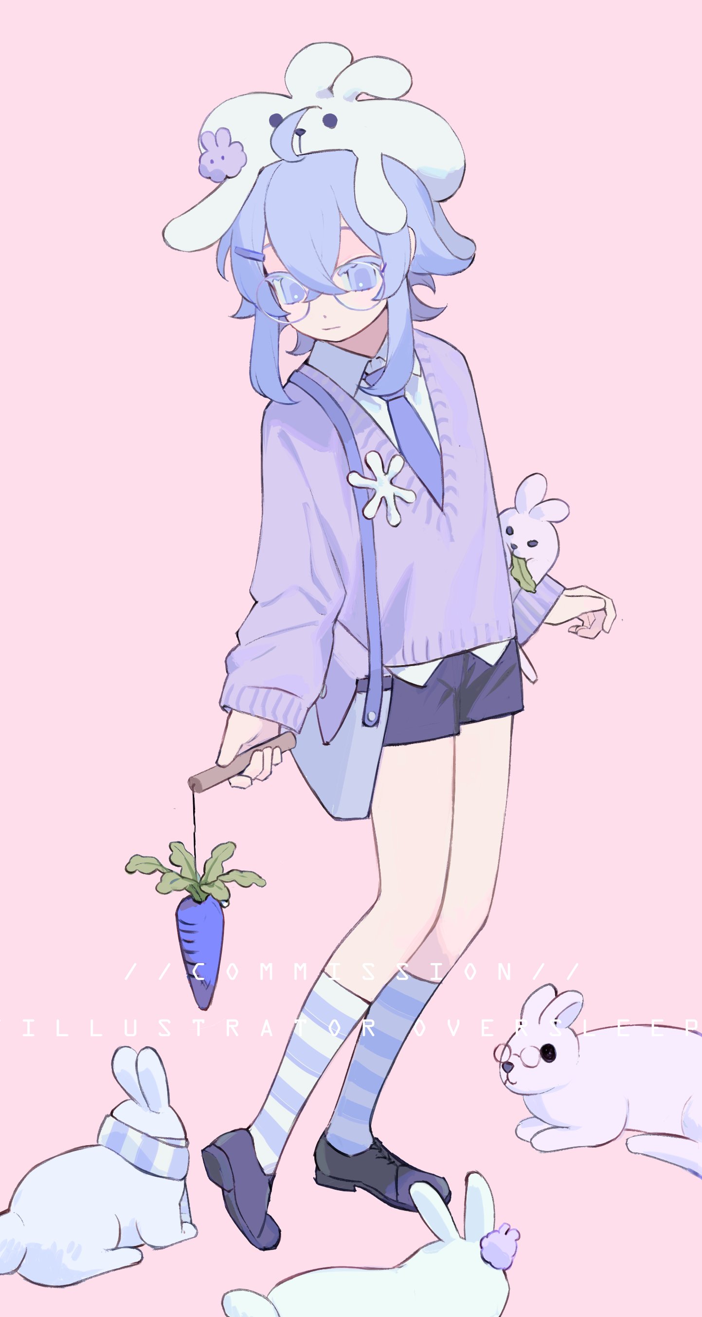 oversleep, original, absurdres, highres, 1girl, animal, animal ears, animal on head, bag, black shorts, blue eyes, blue hair, carrot, collared shirt, english text, flower, full body, glasses, hair between eyes, kneehighs, long sleeves, looking down, on head, purple sweater, rabbit, rabbit on head, shirt, shoes, short hair, shorts, sidelocks, simple background, socks, standing, striped clothes, striped thighhighs, sweater, thighhighs, white shirt