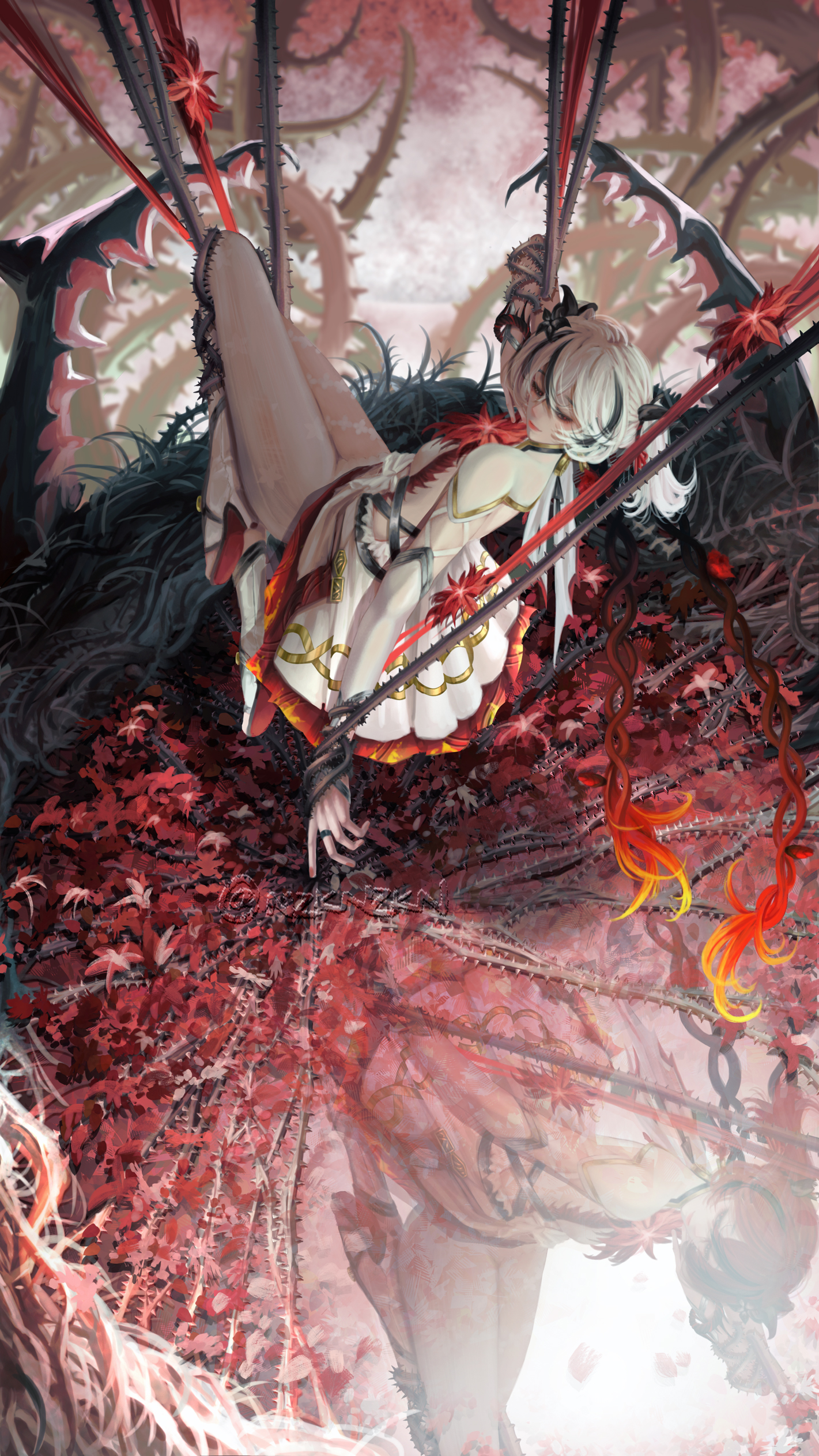 nzkn, camellya (wuthering waves), wuthering waves, absurdres, highres, 2girls, asymmetrical clothes, black eyes, black flower, blake bloom (wuthering waves), breasts, bright pupils, clothing cutout, collar, dress, dual persona, earrings, flower, flower-shaped pupils, gold earrings, hair flower, hair ornament, hair vines, jewelry, multiple girls, official alternate eye color, official alternate hair color, pants, parted lips, red eyes, red flower, red hair, red pupils, short hair, sideless dress, single pantsleg, symbol-shaped pupils, thighs, white collar, white dress, white hair, white pants, white pupils