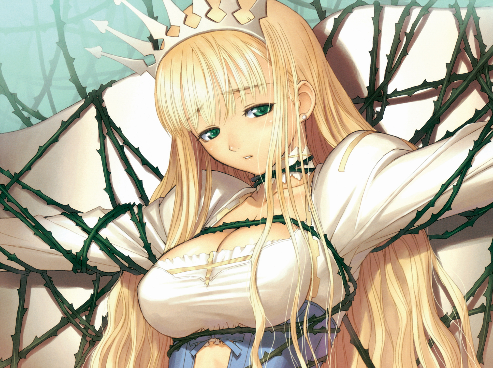 tony taka, clalaclan philias, sega, shining (series), shining wind, highres, 1girl, bdsm, blonde hair, bondage, bound, breasts, cleavage, female focus, large breasts, long hair, plant, solo, thorns, very long hair, vines