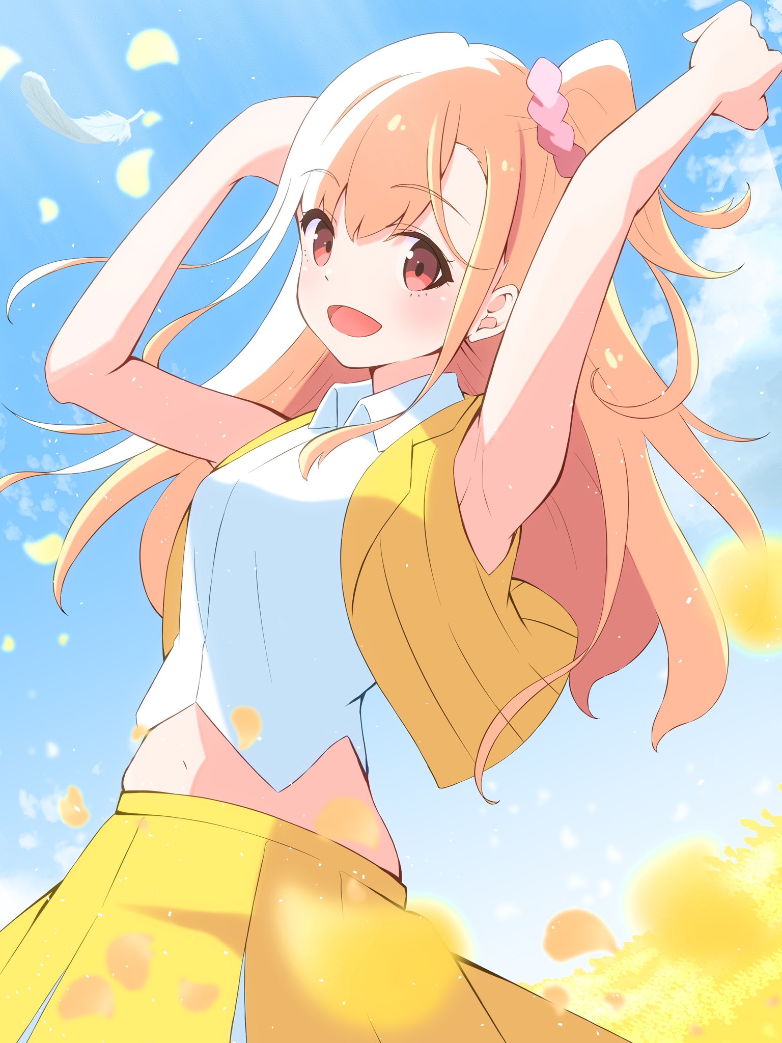 nanase itsuki, takahashi polka, ikizulive! love live! bluebird, love live!, commentary request, highres, 1girl, :d, armpits, arms up, collared shirt, crop top, cropped shirt, falling petals, feathers, hair ornament, hair scrunchie, jacket, looking at viewer, midriff, navel, official alternate costume, open mouth, orange eyes, orange hair, petals, pink scrunchie, pleated skirt, scrunchie, shirt, single feather, skirt, sleeveless, sleeveless jacket, sleeveless shirt, smile, solo, what is my life? (love live!), white feathers, white shirt, yellow jacket, yellow skirt
