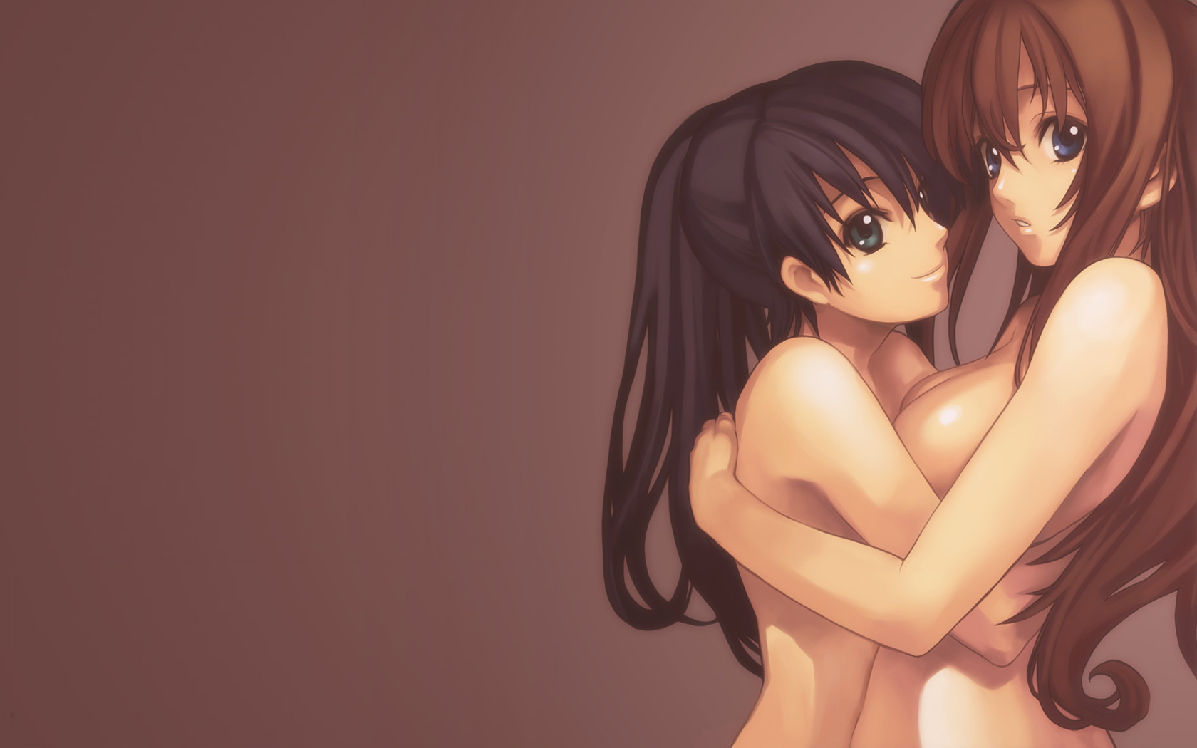 nagi ryou, aurica nestmile, misha arsellec lune, ar tonelico, ar tonelico i, gust, highres, official art, official wallpaper, 00s, 2girls, aurica nestmille, black hair, breasts, brown hair, hug, large breasts, long hair, multiple girls, nude, simple background, yuri