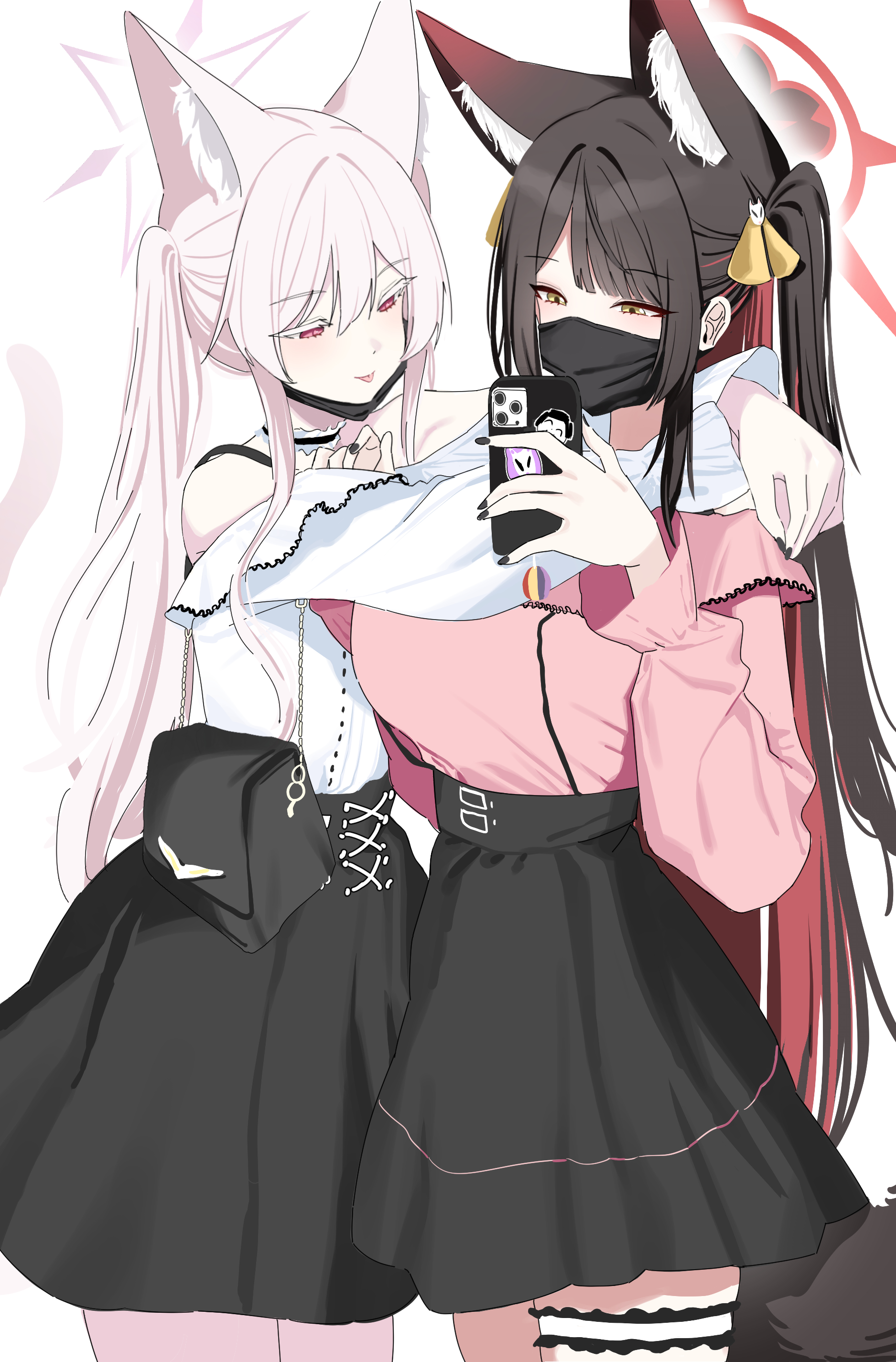 mangpum (taro109210), akira (blue archive), wakamo (blue archive), blue archive, absurdres, highres, 2girls, alternate costume, alternate hairstyle, animal ear fluff, animal ears, bare shoulders, black hair, black mask, black nails, black skirt, blush, breasts, cat ears, cat girl, cat tail, cellphone, choker, colored inner hair, extra ears, fox ears, fox girl, fox tail, frilled choker, frills, hair between eyes, halo, high-waist skirt, holding, holding phone, hug, jirai kei, large breasts, long hair, mask, mouth mask, multicolored hair, multiple girls, off-shoulder shirt, off shoulder, phone, pink hair, pink halo, pink shirt, red eyes, red hair, red halo, shirt, sidelocks, skirt, smartphone, tail, thigh strap, tongue, tongue out, twintails, two-tone hair, very long hair, white choker, white shirt, yellow eyes
