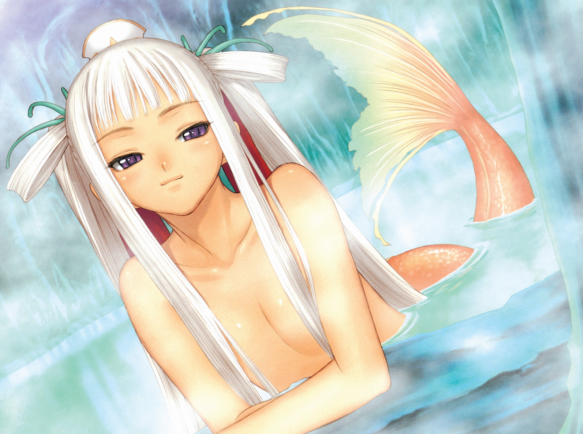 tony taka, houmei, sega, shining (series), shining wind, highres, 1girl, blush, censored, collarbone, completely nude, convenient censoring, female focus, flat chest, hair censor, hair over breasts, light smile, long hair, mermaid, monster girl, nude, purple eyes, scales, solo, steam, twintails, water, wet, white hair