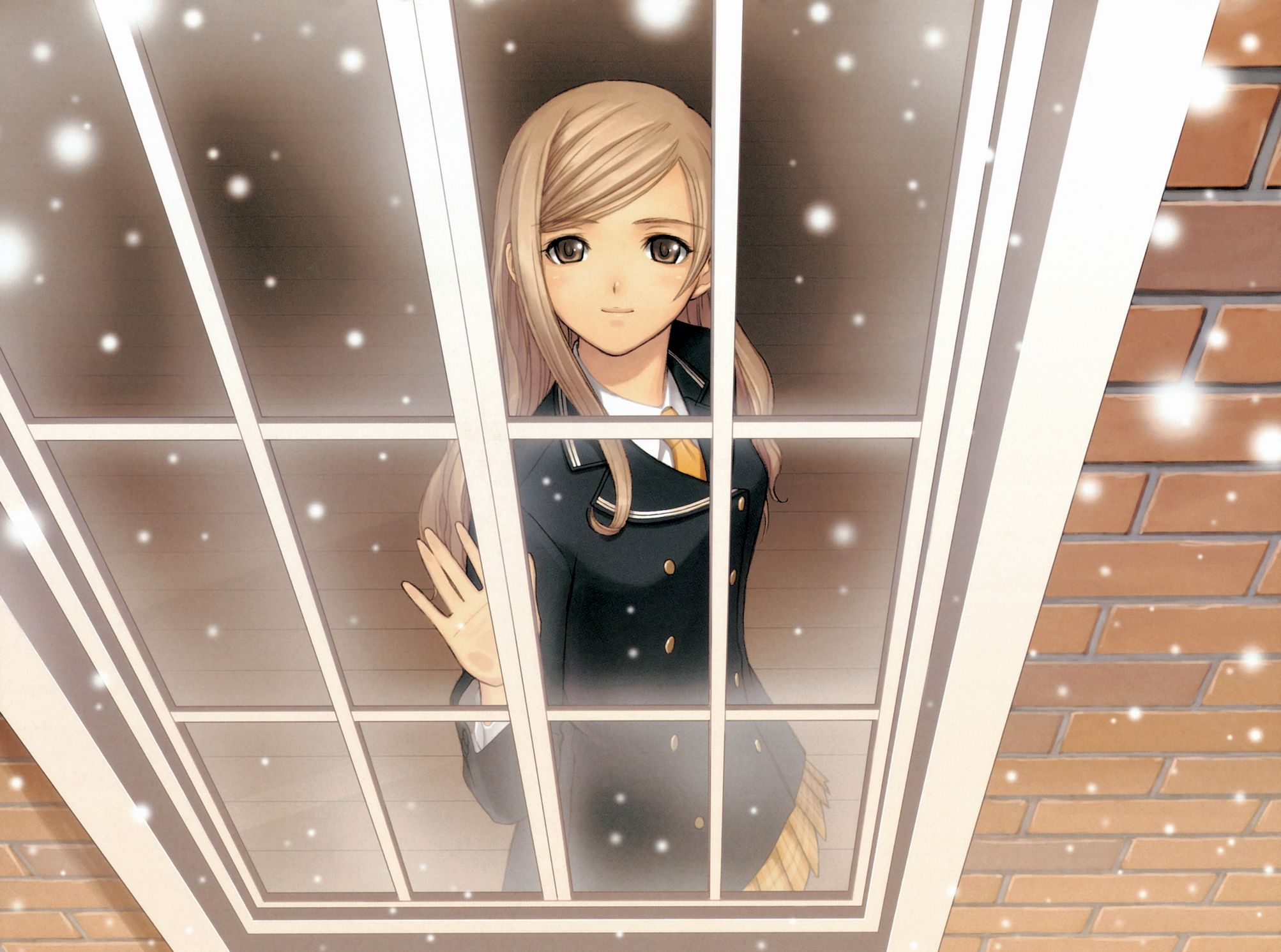 tony taka, touka kureha, sega, shining (series), shining wind, highres, 1girl, brown eyes, brown hair, female focus, hand on window, long hair, looking outside, looking up, school uniform, snow, snowing, solo, window