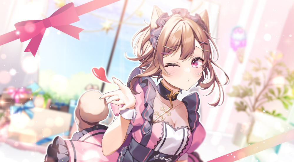 anzu 1026, ichiria (vtuber), indie virtual youtuber, commentary request, 1girl, animal ears, blowing kiss, blue headdress, blurry, blurry background, blush, breasts, brown hair, closed mouth, dress, hair ornament, hairclip, heart, looking at viewer, medium breasts, one eye closed, pink eyes, pink ribbon, puffy short sleeves, puffy sleeves, purple dress, ribbon, short hair, short sleeves, solo, tail, virtual youtuber, x hair ornament