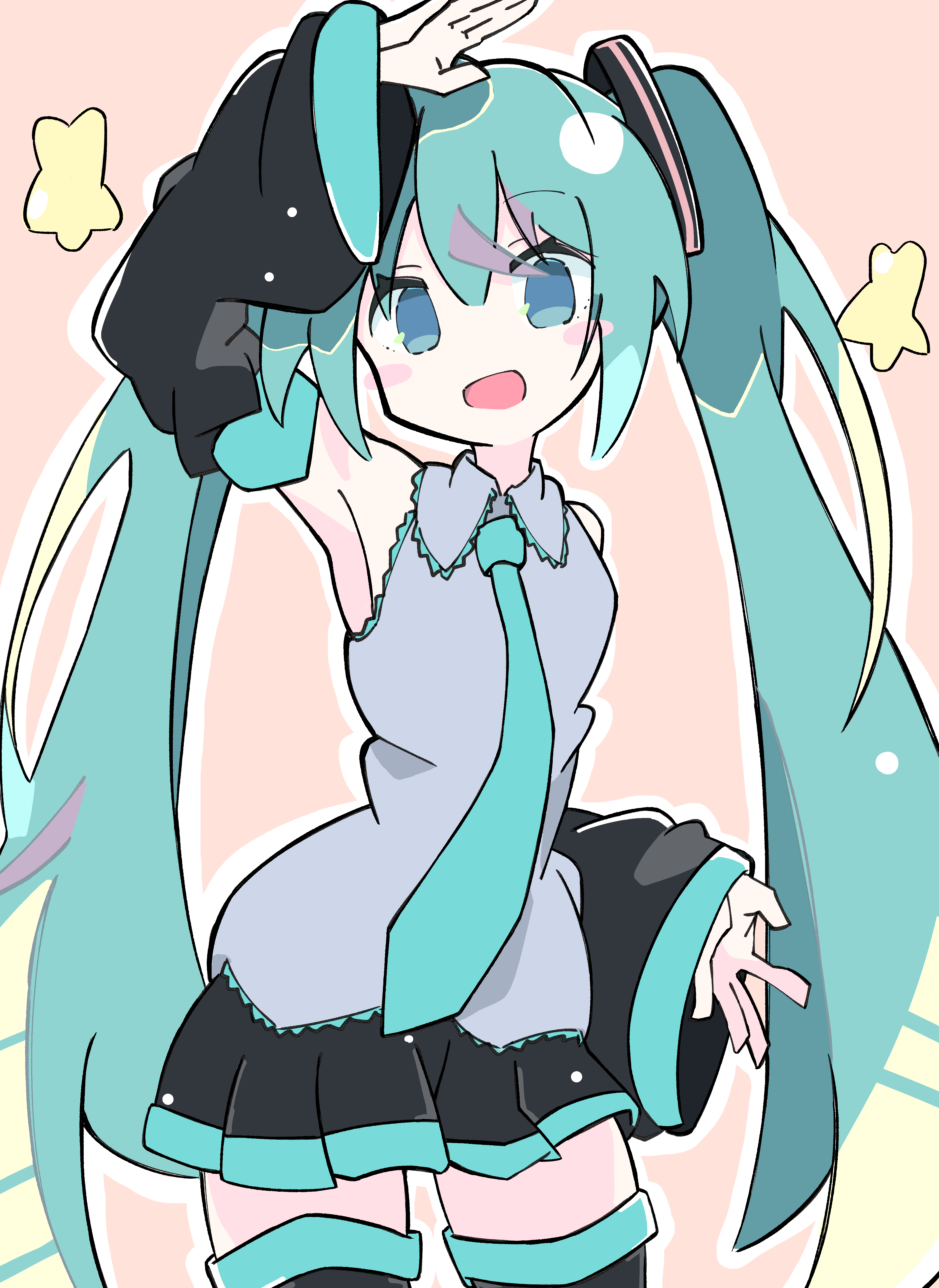 n40a1, hatsune miku, vocaloid, absurdres, highres, 1girl, blush, bow, bowtie, green bow, green bowtie, green eyes, green hair, open mouth, smile, solo, twintails