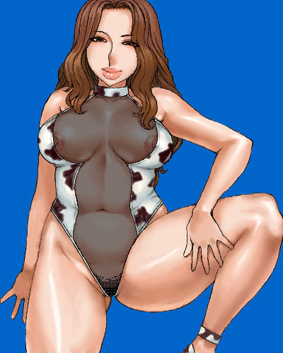 matoyama, lowres, 1girl, animal print, bikini, blue background, breasts, brown eyes, brown hair, cow print, female focus, fishnets, large breasts, lips, long hair, nipples, oekaki, one-piece swimsuit, see-through clothes, solo, swimsuit