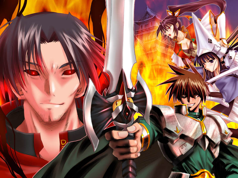 pin.x, oda nobunaga, oda nobunaga (rance), rance, uesugi kenshin (rance), yamamoto isoroku (rance), rance (series), sengoku rance, 2boys, 2girls, armor, castle, fire, helmet, japanese clothes, multiple boys, multiple girls, sword, weapon