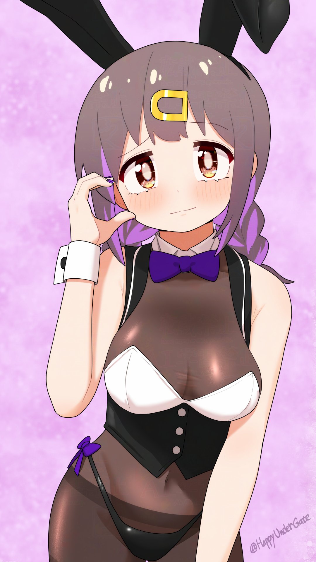 happyundergate, oyama mihari, onii-chan wa oshimai!, commentary request, highres, 1girl, alternate costume, animal ear hairband, animal ears, artist name, bare arms, bare shoulders, black hair, black hairband, blush, bodystocking, bow, bowtie, braid, breasts, brown eyes, cowboy shot, fake animal ears, hair ornament, hairband, hairclip, half-heart hands, light smile, long hair, looking at viewer, medium breasts, multicolored hair, nail polish, navel, pink background, purple bow, purple bowtie, purple hair, purple nails, rabbit ears, simple background, solo, twin braids, twitter username, two-tone hair, wrist cuffs