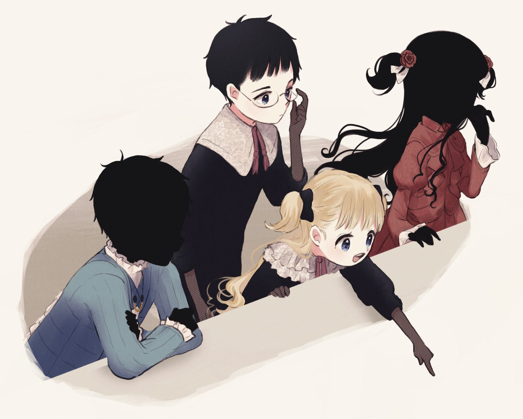 kohori, emilico (shadows house), john (shadows house), kate (shadows house), shadow (shadows house), shaun (shadows house), shadows house, commentary request, highres, 2boys, 2girls, :d, black hair, blonde hair, blue eyes, bow, crossed arms, dress, elbow gloves, expressionless, glasses, gloves, hair bow, living doll uniform, long sleeves, multiple boys, multiple girls, open mouth, pointing, pointing down, red dress, smile, two side up