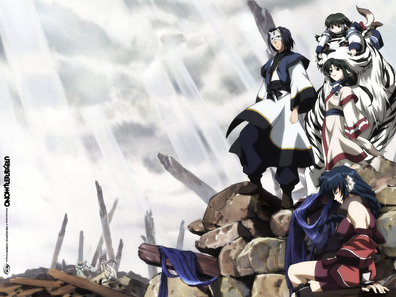 aruruu, eruruu, hakuowlo, karulau, mukkuru, touka (utawarerumono), ulthury, utawarerumono, uniform, 00s, 1boy, 5girls, animal ears, bare shoulders, black hair, cloak, cloud, cloudy sky, day, full body, green hair, hood, hooded cloak, light rays, looking afar, mask, multiple girls, outdoors, robe, rock, ruins, short hair, sitting, sky, sunlight, tail, tiger, wings