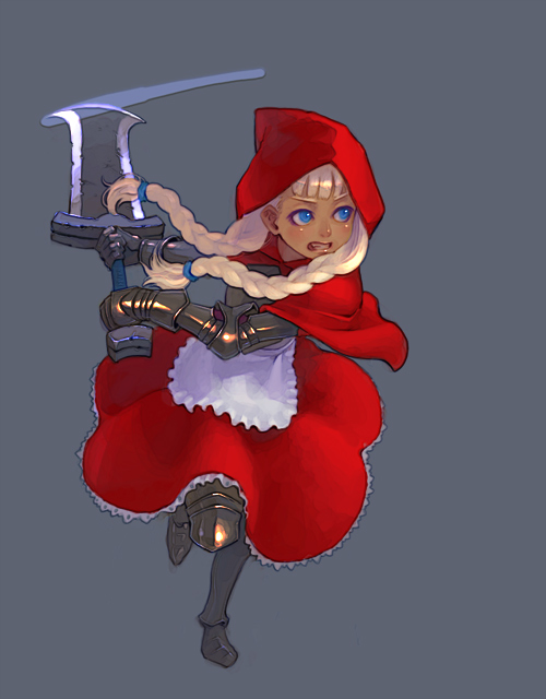 weno, little red riding hood (fairy tale character), little red riding hood (fairy tale), 1girl, apron, armor, blonde hair, blue eyes, braid, cape, dark-skinned female, dark skin, dress, female focus, full armor, gauntlets, hood, leg armor, pantyhose, red cape, simple background, solo, sword, twin braids, weapon