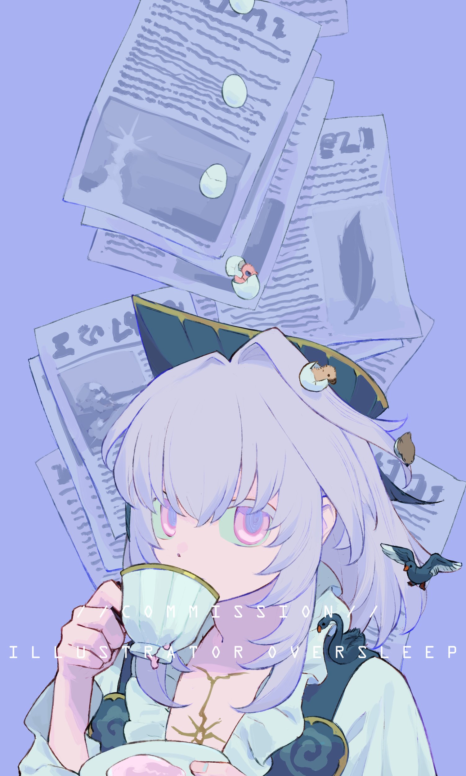 oversleep, original, absurdres, highres, 1girl, bird, cup, drinking, egg, english text, hair between eyes, holding, holding cup, holding saucer, jewelry, long hair, long sleeves, looking at viewer, medium hair, necklace, newspaper, pink eyes, purple background, purple hair, saucer, shirt, teacup, upper body, white shirt