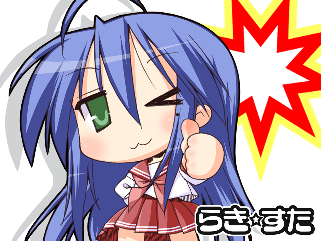 izumi konata, lucky star, > o, 00s, 1girl, ;3, blue hair, blush, breasts, chibi, cowboy shot, female focus, green hair, looking at viewer, mole, mole under eye, neckerchief, one eye closed, pink neckerchief, pleated skirt, sailor collar, school uniform, serafuku, simple background, skirt, small breasts, solo, standing, text focus, thumbs up, upper body, white background