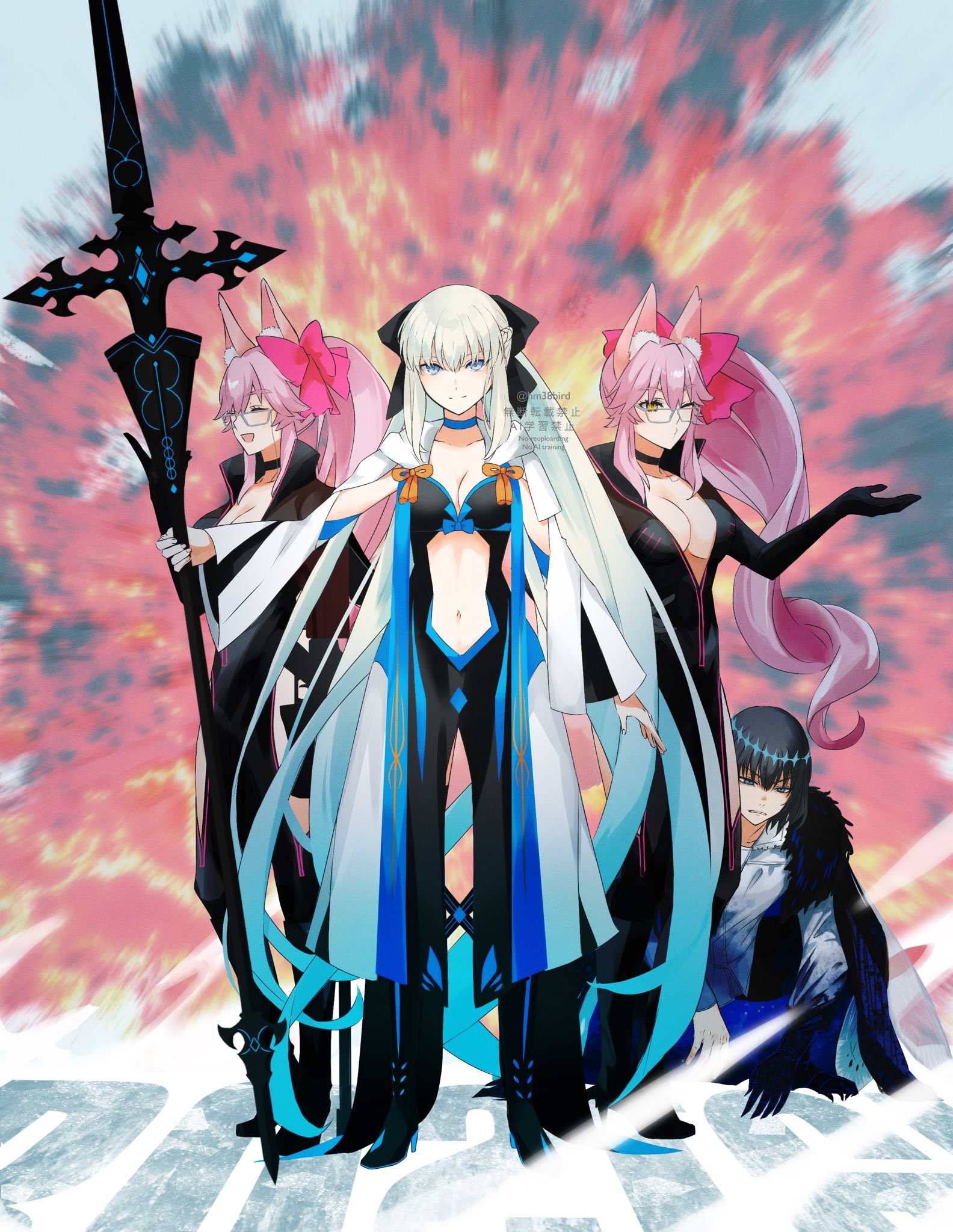 nakanohiro, koyanskaya (assassin) (first ascension) (fate), koyanskaya (fate), morgan le fay (fate), morgan le fay (second ascension) (fate), oberon (fate), oberon (third ascension) (fate), tamamo (fate), fate/grand order, fate (series), highres, 1boy, 3girls, black hair, blue eyes, blush, bow, closed eyes, fur trim, glasses, hair between eyes, hair bow, holding, holding polearm, holding weapon, long sleeves, looking at viewer, multiple girls, open mouth, pink hair, polearm, ponytail, shirt, short hair, sitting, smile, standing, weapon, white hair, yellow eyes