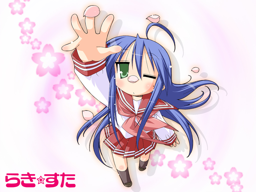 izumi konata, lucky star, 00s, 1girl, cherry blossoms, female focus, mole, mole under eye, school uniform, serafuku, solo